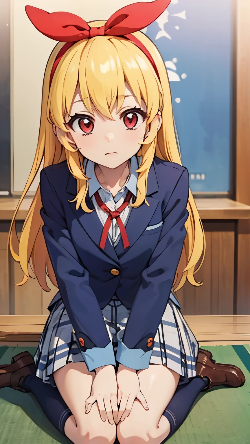 (RED Ribbon on HAIRband:1.2),(nsfw),double braid RED eyes school uniform jacket cleavage cutout check skirt stocking Loafer sitting wariza(leaning forward hands on knees)Angle from below school room,masterpiece best quality anime style 4k