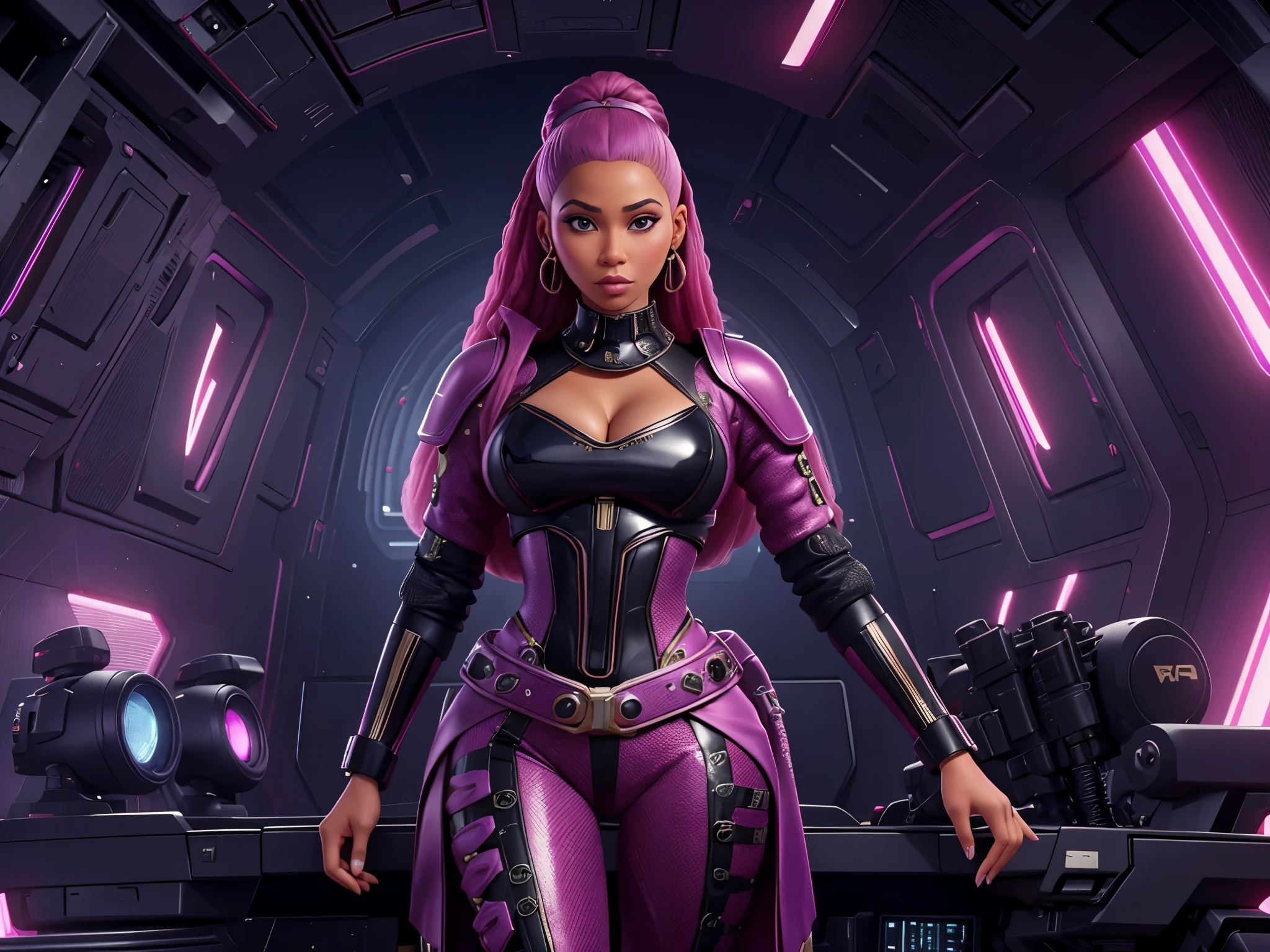 (imagem com qualidade 4k) Nicki Milm para vogue, Nicki Minaj, Nicki Minaj curvas, tracos do rosto da beyonce, traje de general de guerra, cantora negra, em batalha, com seu exercito cyberpunk de mulheres com armas