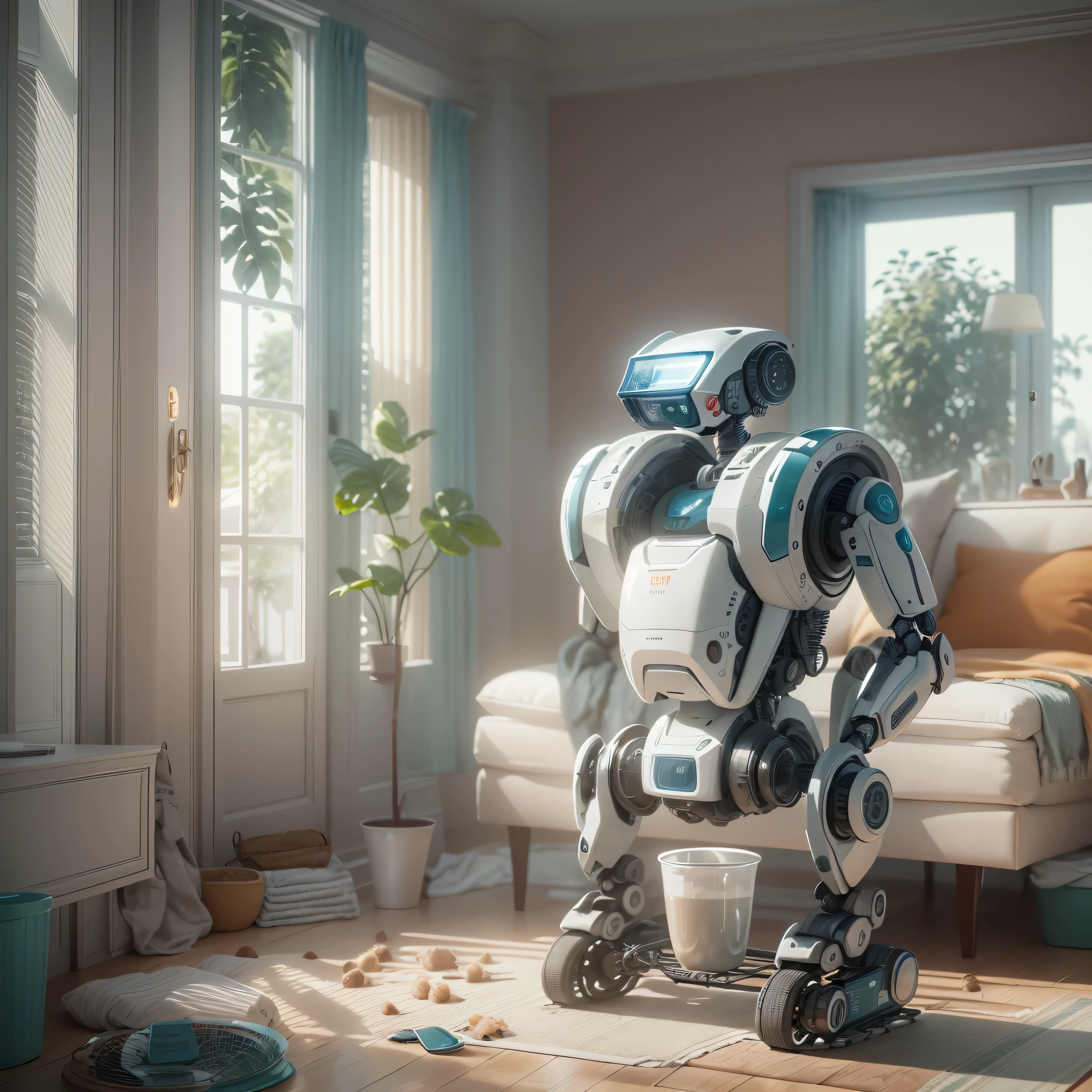 An artificial intelligence Maid robot, cleaning a house, and the robot is the maid, photo-realistic, octane render, unreal engine, ultra-realistic