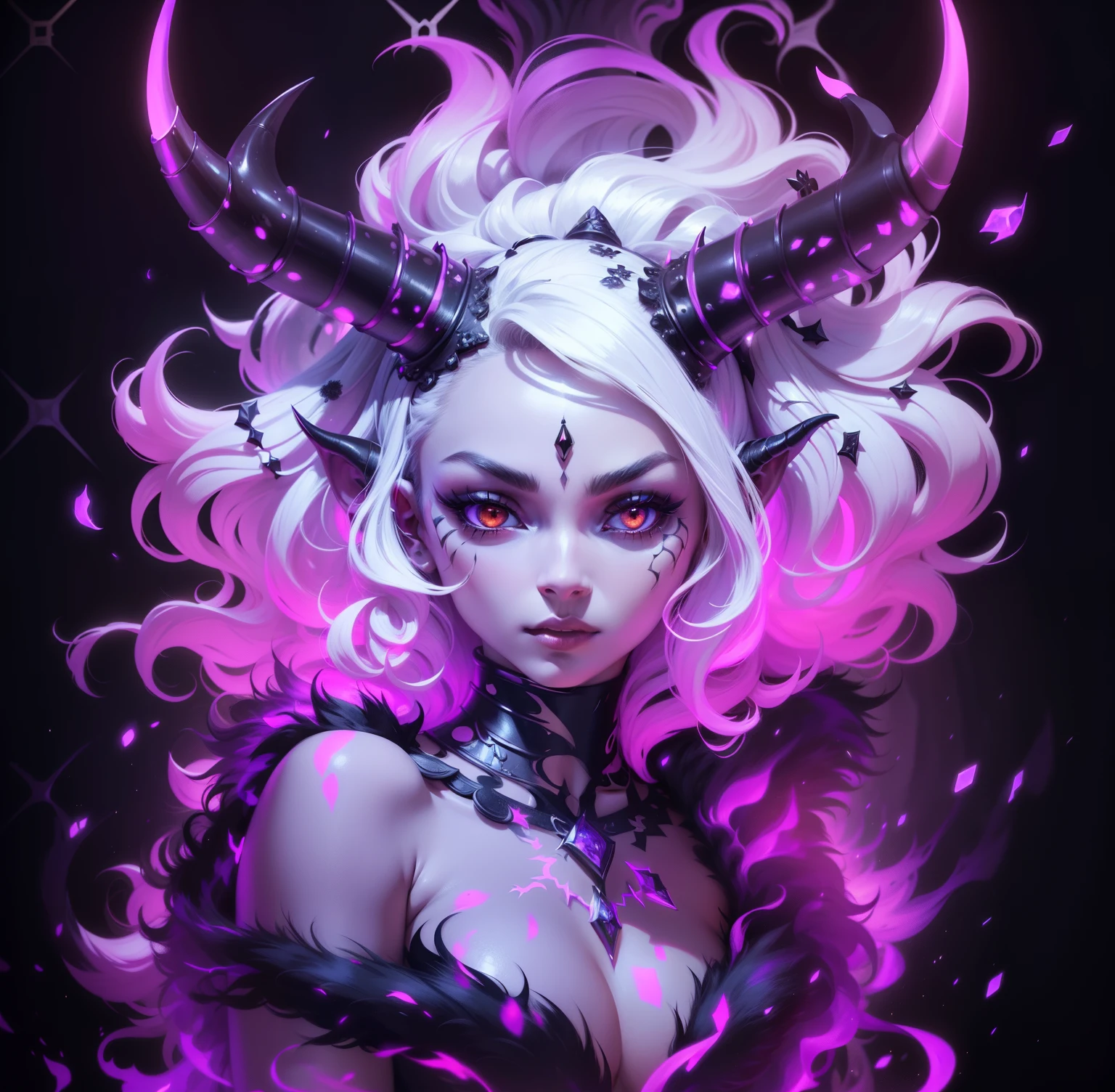 1 horned woman wearing a black fur coat, masterpiece, best quality, (extremely detailed Unity 8k CG wallpaper), (best quality), (best illustration), (best shadow), intricate details, Absurd, fantasy , epic art, Glorious poses, beautiful detailed glow, luminous background glow, insane details