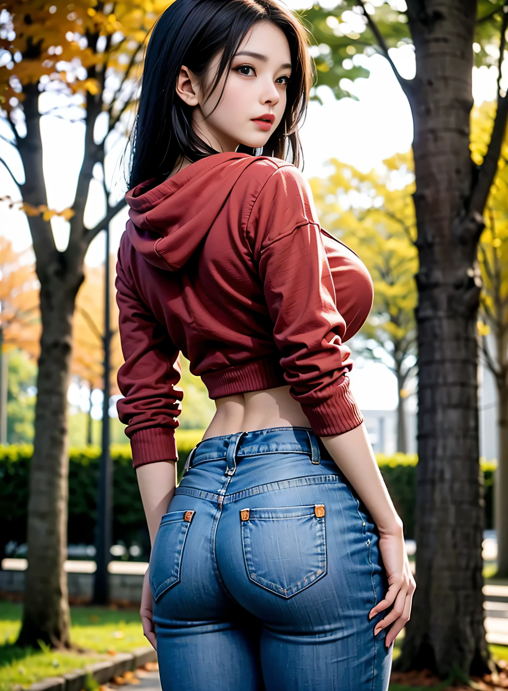 sfw, Tight torn jeans, ((back turned To camera)), face first camera, ((red purple full sleeve hoodie)), long black shiny hair, ((Beautiful shapely big ass)), Full season Trees with orange leaves background, wearing bra,((skinny waist)), young asian girl, ((big breasted)),