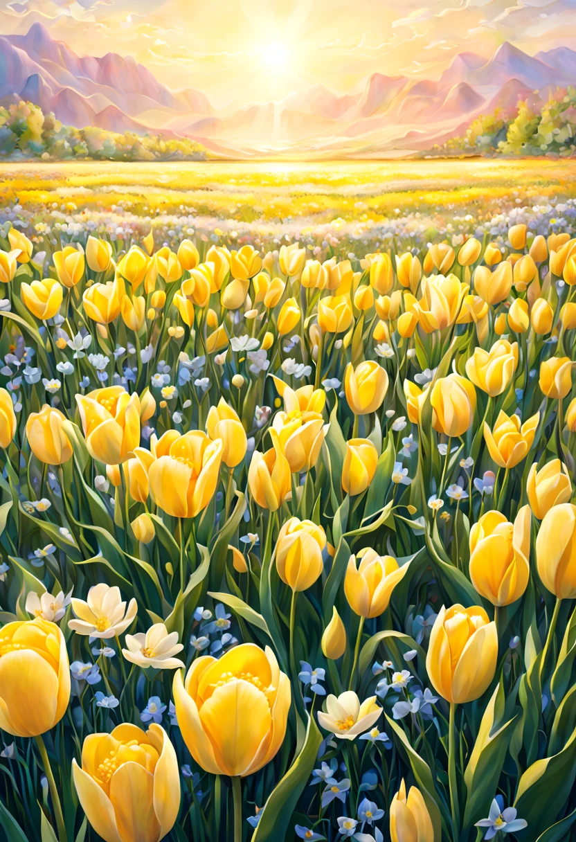 Fantasy flower field in soft colors of early morning sunlight with light yellow tulips and small soft flowers,Intricate Details Whimsical Fantasy Landscape Art Intricate Details, masterpiece, Beautiful detailed ultra high definition beautiful art 