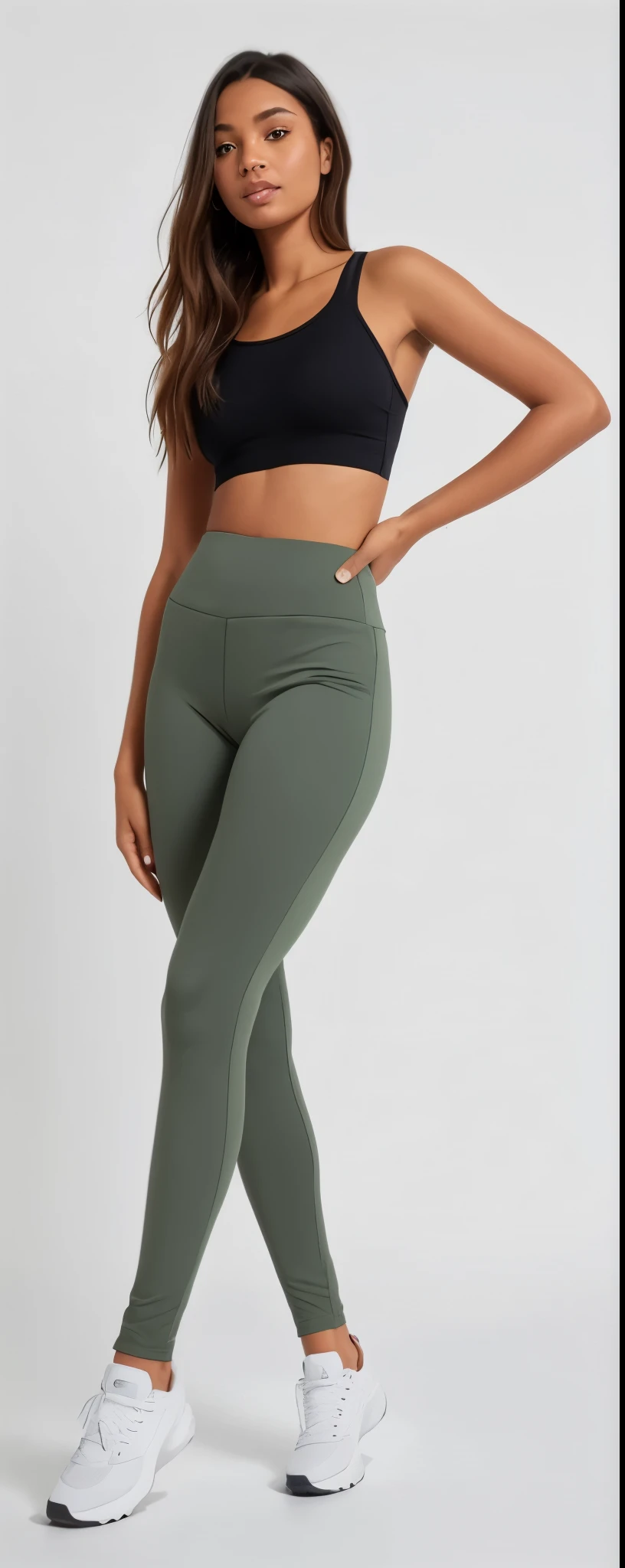 a woman in a black top and green perneiras stands against a white background, perneiras, perneiras, desatado, roupas esportivas, upper and corpo lento, verde oliva, corpo curvo, meia-pants, meia-pants, roupas esportivas, ajustar dainty figure, curvas suaves, Grosso, ajustar, sport pants, forma tonificada, esculpido, corpo lento, pants, two piece workout clothes