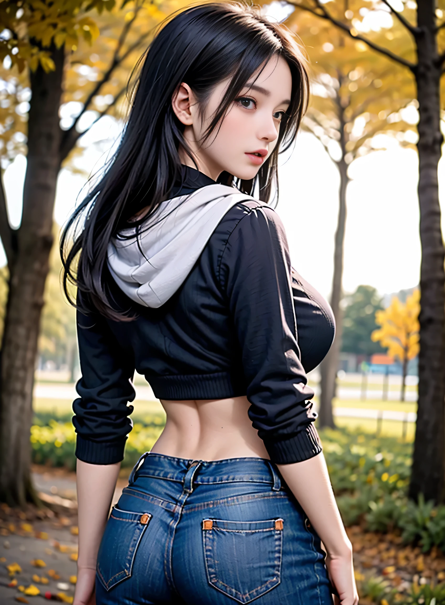 sfw, Tight torn jeans, ((back turned To camera)), face first camera, ((red purple full sleeve hoodie)), long black shiny hair, ((Beautiful shapely big ass)), Full season Trees with orange leaves background, wearing bra,((skinny waist)), young asian girl, ((big breasted)),