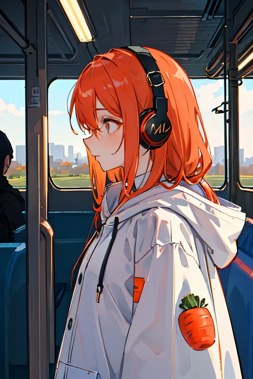 (masterpiece, sidelighting, ultra-detailed, finely detailed beautiful eyes: 1.2), 1girl, bag, building, from side, headphones, hood, hood down, hooded jacket, hoodie, jacket, long hair, orange hair, profile, red hair, solo, train, train interior, upper body, carrot theme, Masterpiece, best quality