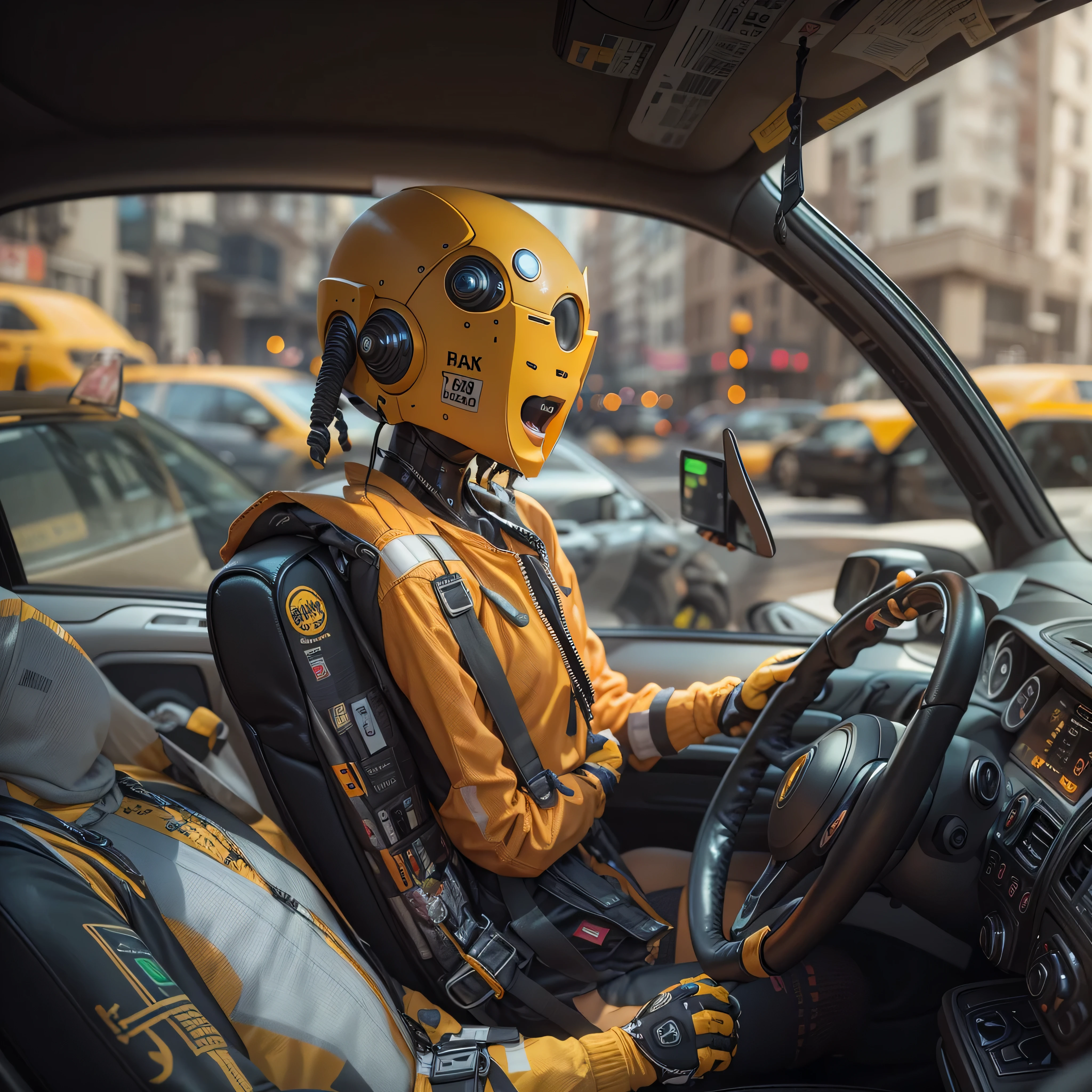 An artificial intelligence Cabdriver robot, in a yellow cab, and the robot is the driver, photo-realistic, octane render, unreal engine, ultra-realistic