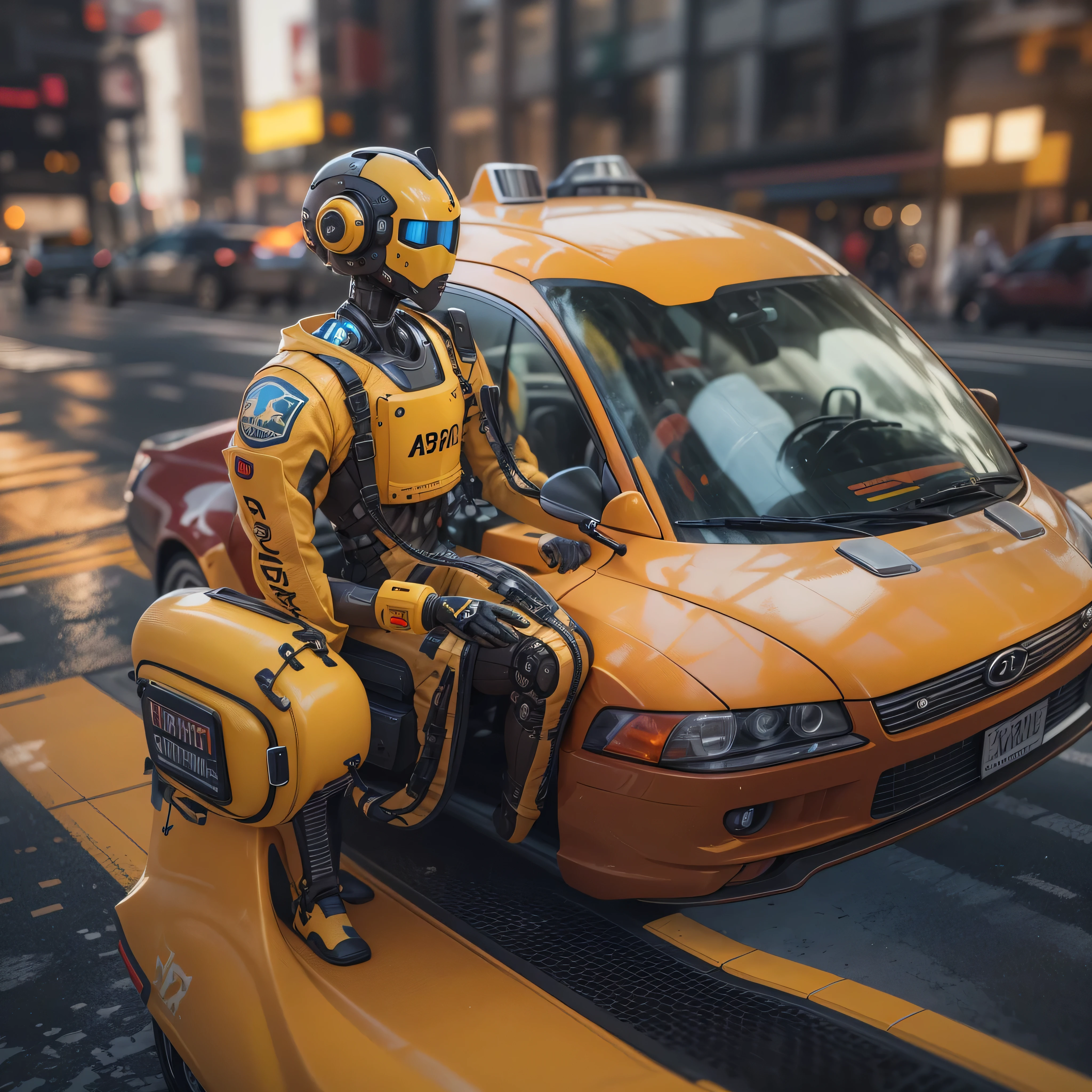 An artificial intelligence Cabdriver robot, in a yellow cab, and the robot is the driver, photo-realistic, octane render, unreal engine, ultra-realistic