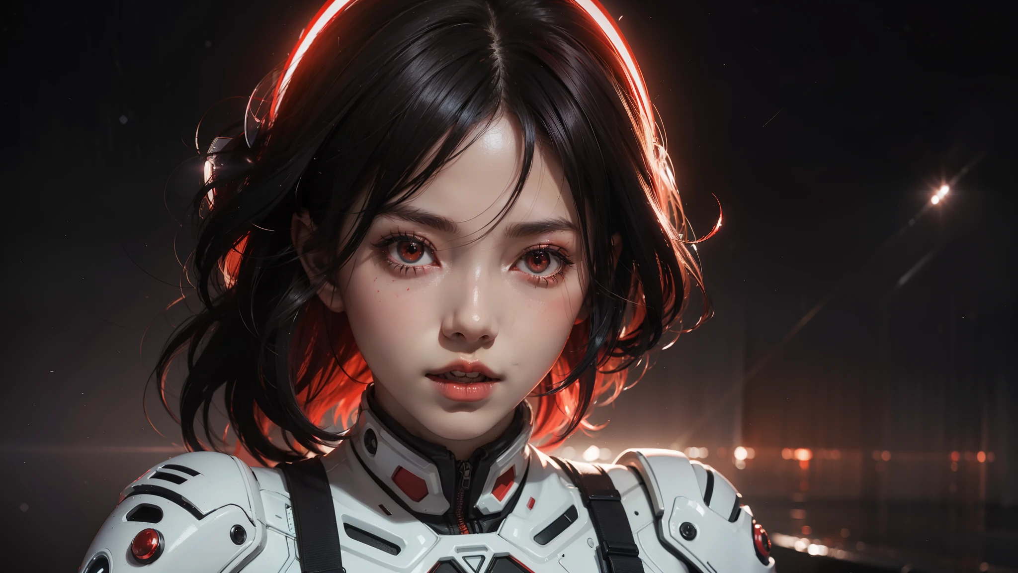 Asuka-Evangelion with short black hair singin with a microfone (((From face to waist view::1. 4))), Realistic skin texture, front view::1.0, in complex & hyper-detailed suit armor in crimson and white. Singing with a microphone, (((light glow effect on dark red tone aesthetic in the image))), woman singing, dynamic panoramic photography movement/Pose::1, midnight lighting, (Masterpiece), Best quality , perfect pretty face, 8K
