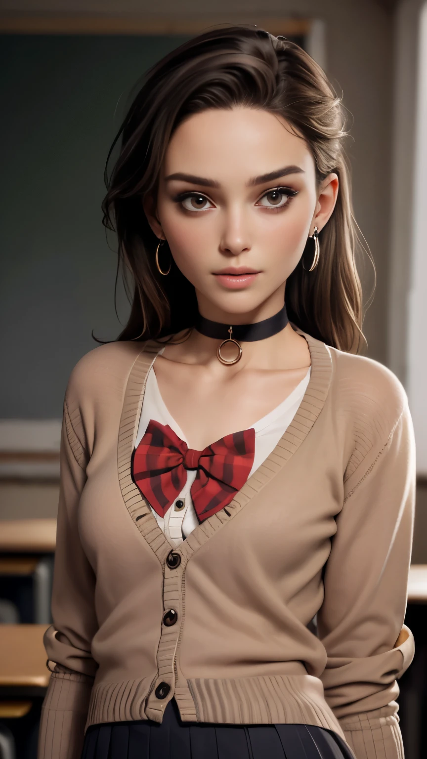 photo of celebrity, RAW, beautiful woman, ((portrait)), ((detailed face:1.2)), ((detailed facial feature, detailed skin, clear skin, parted lips, licking), (perfect proportioned body), (wearing school uniform, cardigan, bow, skirt, choker, earrings,: 1.5)), (high detailed classroom, model pose: 1.3), (realistic photo, best quality, detailed), (8k wallpaper), (cinematic lighting, dramatic lighting) (sharp focus, intricate)