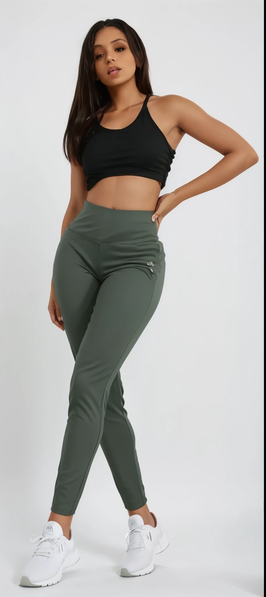 a woman in a black top and green perneiras stands against a white background, perneiras, perneiras, desatado, roupas esportivas, upper and corpo lento, verde oliva, corpo curvo, meia-pants, meia-pants, roupas esportivas, ajustar dainty figure, curvas suaves, Grosso, ajustar, sport pants, forma tonificada, esculpido, corpo lento, pants, two piece workout clothes