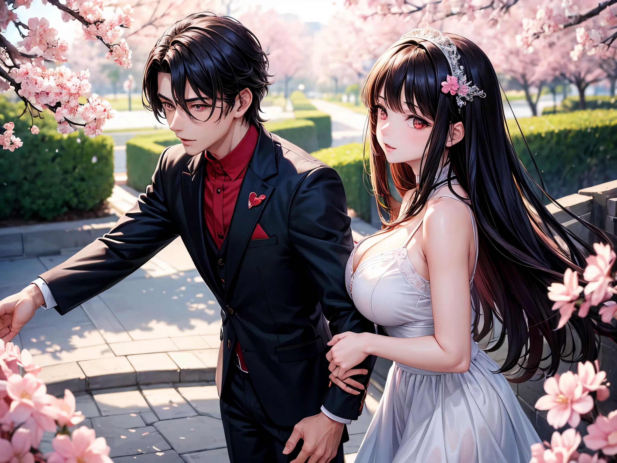 1man and 1woman, couple, beautiful vampire goddess, handsome man, brunette very long hair, man with brunette short hair, red eyes, wearing a sexy red and black dress, man in sexy suit, ultrasharp, looking at the viewer, ((best quality)), ((masterpiece)), (detailed), perfect face, big breast, sexy body, sexy man besides her, hugged, An anime scene of a boy and girl hugging and kissing intensely, with hearts and sparkles floating around them as they stand under the cherry blossoms in a dreamy park