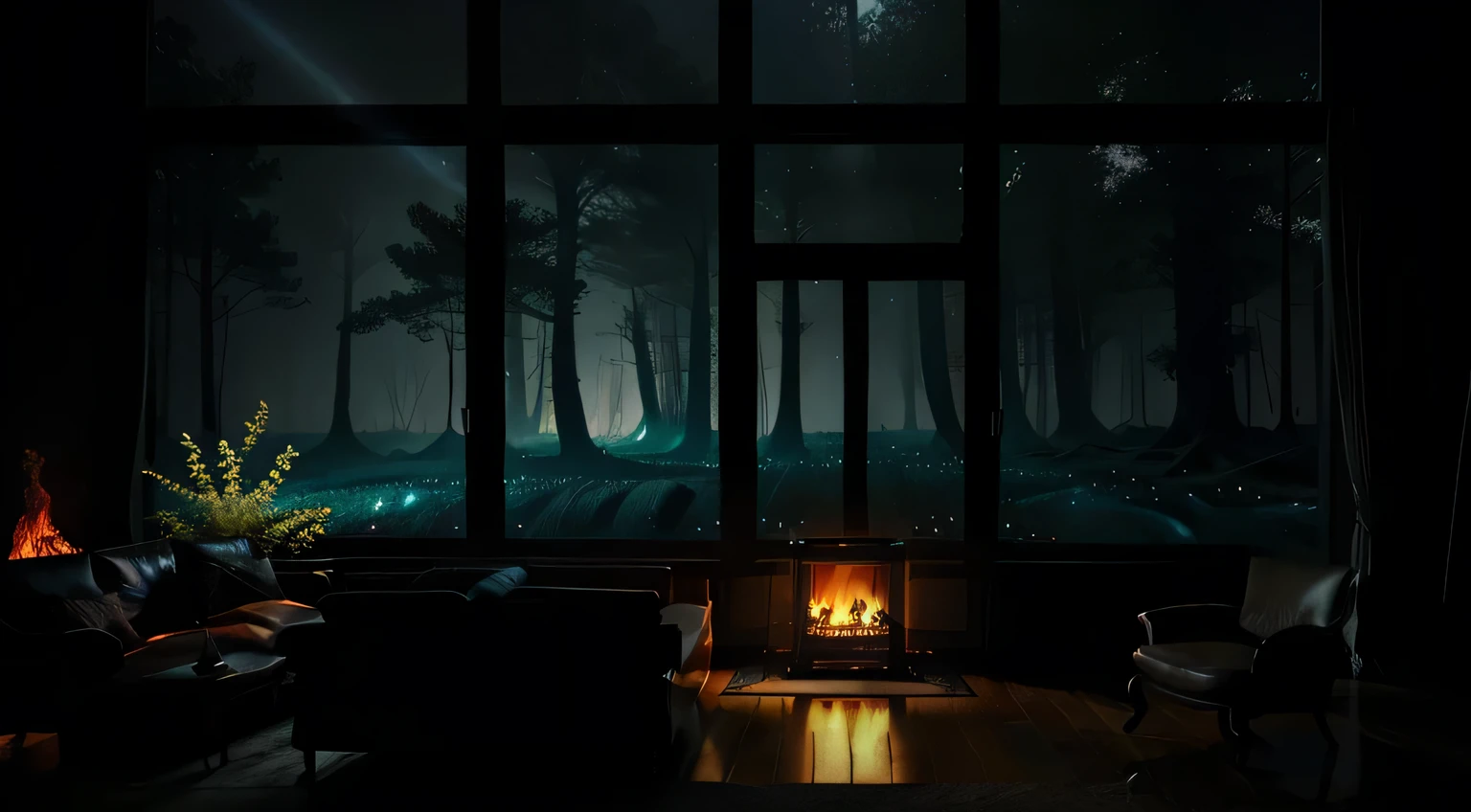 View of the room and the sofa with fire in the fireplace, large windows, regardant vers la forêt,nuit tranquille. Digital illustration, Jour de pluie. rendu du jeu, Nuit pluvieuse, dark cinema lighting, atmosphère. digital painting, moody cartoon scenes, dramatic lighting. Art conceptuel, Photos D&#39;ambiance, temps maussade. hyperréaliste, atmospheric rendering, Nuit pluvieuse, Huge forest, atmospheric and sandy details, beau, cinema lighting, tropical forest