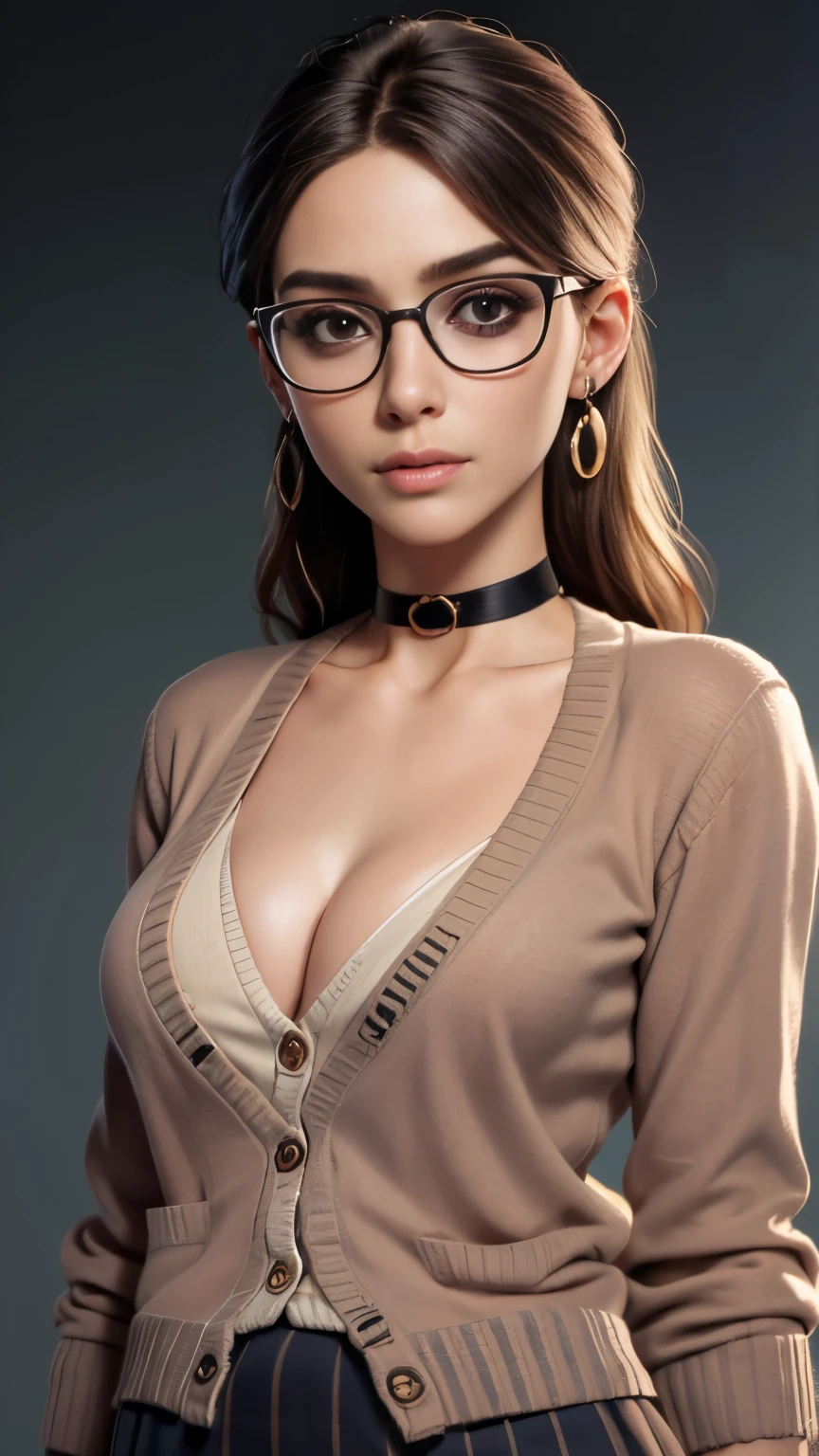 photo of celebrity, RAW, beautiful woman, ((portrait)), ((detailed face:1.2)), ((detailed facial feature, detailed skin, clear skin, parted lips, licking), (perfect proportioned body, cleavage), (wearing school uniform, cardigan, skirt, choker, glasses, earrings,: 1.5)), (high detailed classroom, model pose: 1.3), (realistic photo, best quality, detailed), (8k wallpaper), (cinematic lighting, dramatic lighting) (sharp focus, intricate)