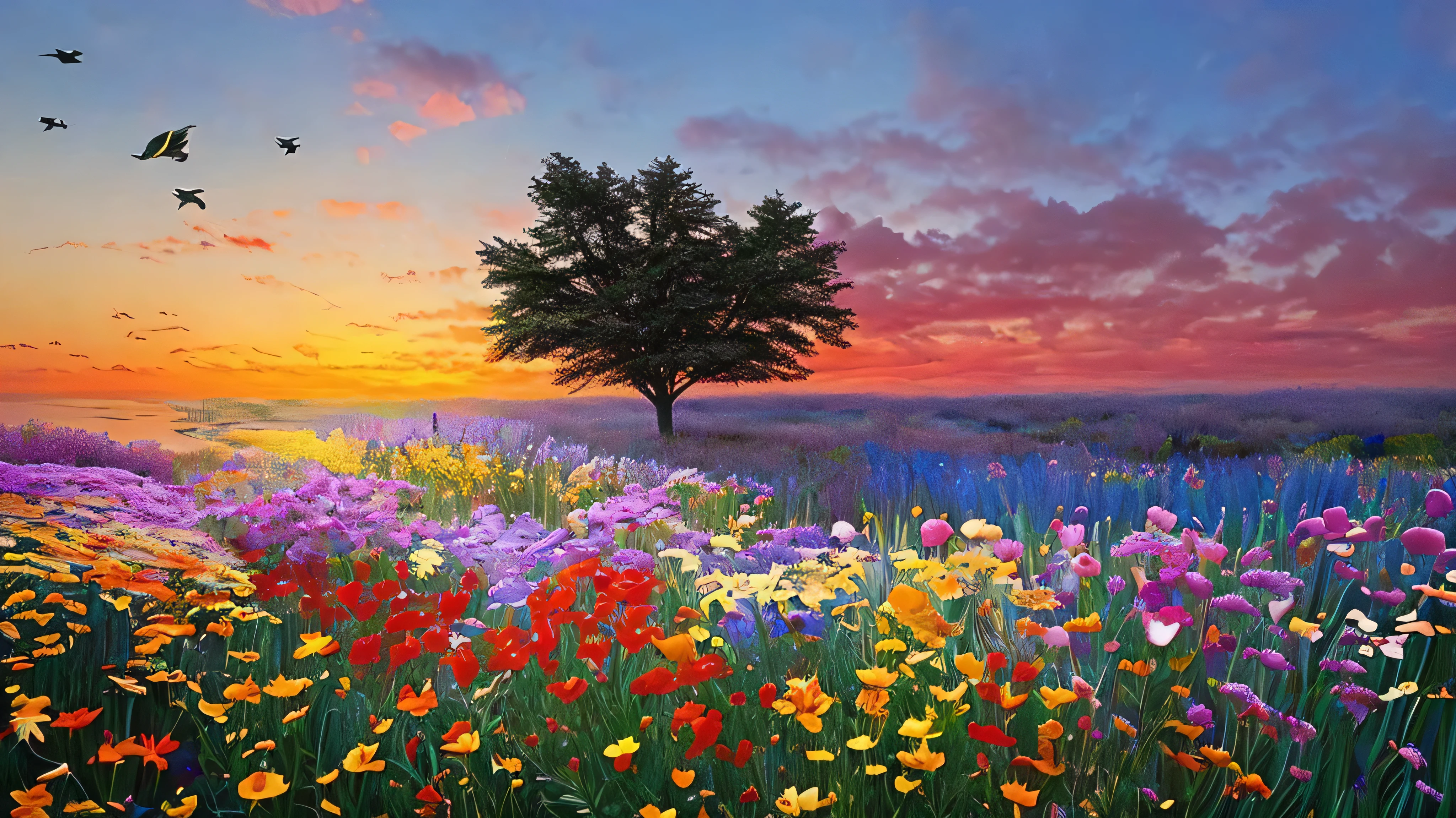 (best quality, 4K, 8K, high resolution, chef-d&#39;artwork: 1.2) ultra-detailed, (realistic, photorealistic, photo-realistic: 1.37), a swim in a sea of colorful flowers as far as the eye can see, ciel bleu-violet et soleil couchant, fleurs sauvages vibrantes, vague de fleurs colorées, petals flying in the air above the&#39;eau, detailed petals and delicate stamens, textures impeccables et détails complexes, natural lighting casting soft shadows, variations subtiles de teinte et de saturation, serein et apaisant, paisible et harmonieux, des prairies colorées débordantes de vie, bonheur botanique, symphonie florale, spring abundance, palette de couleurs de la nature.