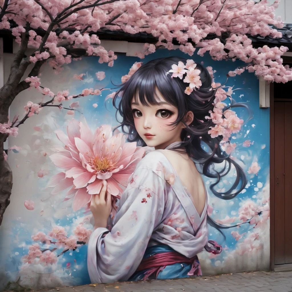 (masterpiece, best quality), Graffiti of a magical sakura maiden, on a street wall, signed by the word "TUPU".