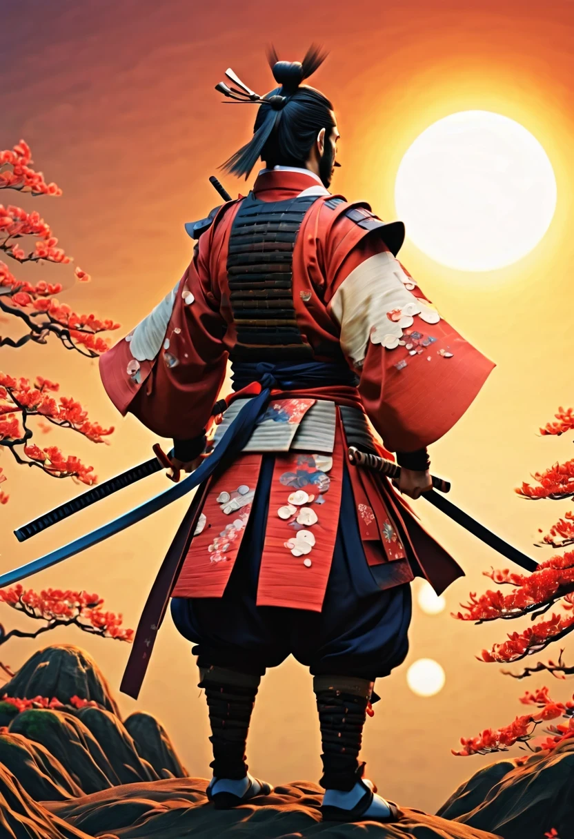 (masterpiece, best quality:1.2), Magical samurai, samurai under magical rissing sun, magical costume, 3d crunch, japanese traditional colors, back view,