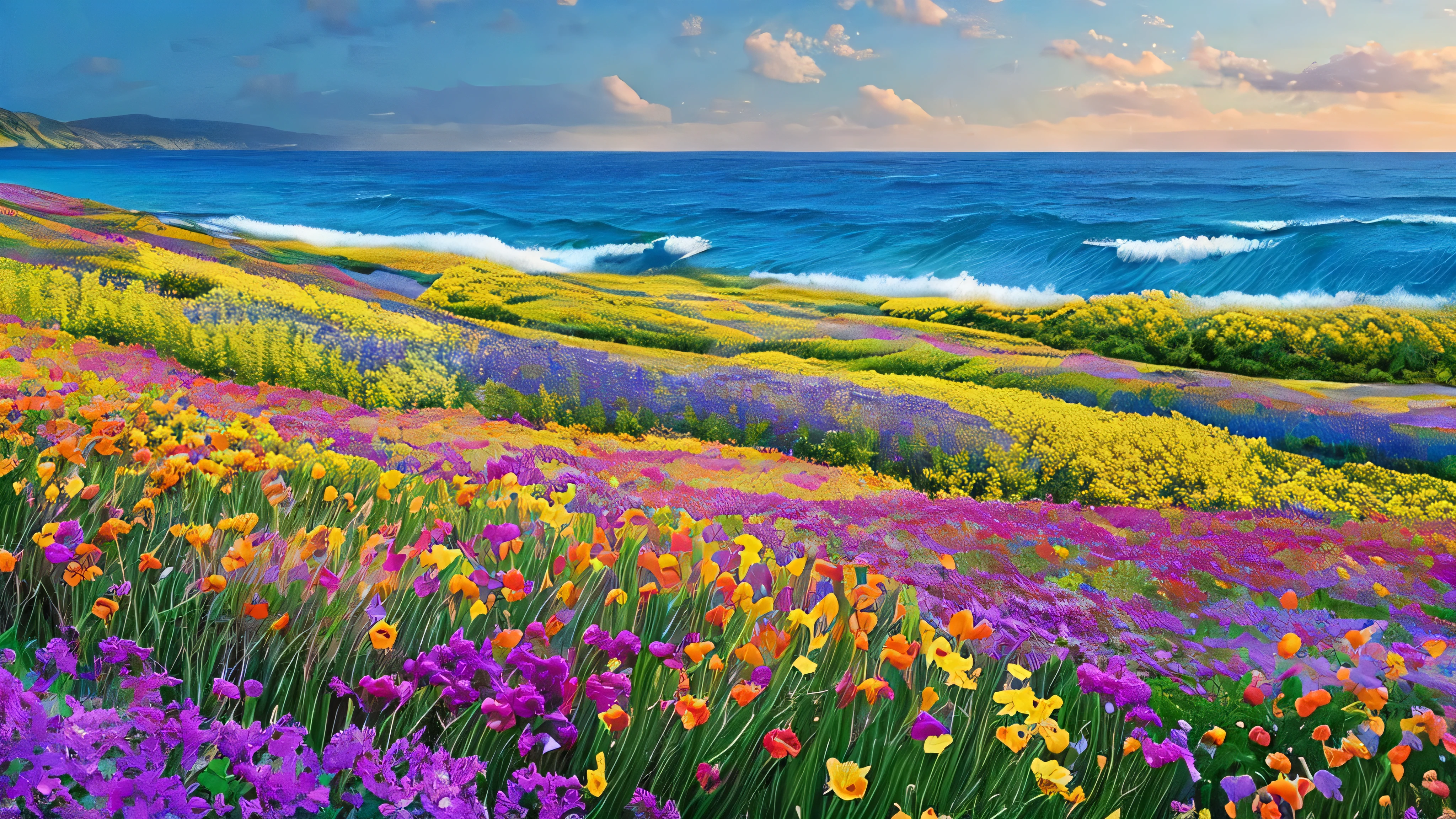 (best quality, 4K, 8K, high resolution, chef-d&#39;artwork: 1.2) ultra-detailed, (realistic, photorealistic, photo-realistic: 1.37), a swim in a sea of colorful flowers as far as the eye can see, ciel bleu-violet et soleil couchant, fleurs sauvages vibrantes, vague de fleurs colorées, petals flying in the air above the&#39;eau, detailed petals and delicate stamens, textures impeccables et détails complexes, natural lighting casting soft shadows, variations subtiles de teinte et de saturation, serein et apaisant, paisible et harmonieux, des prairies colorées débordantes de vie, bonheur botanique, symphonie florale, spring abundance, palette de couleurs de la nature.