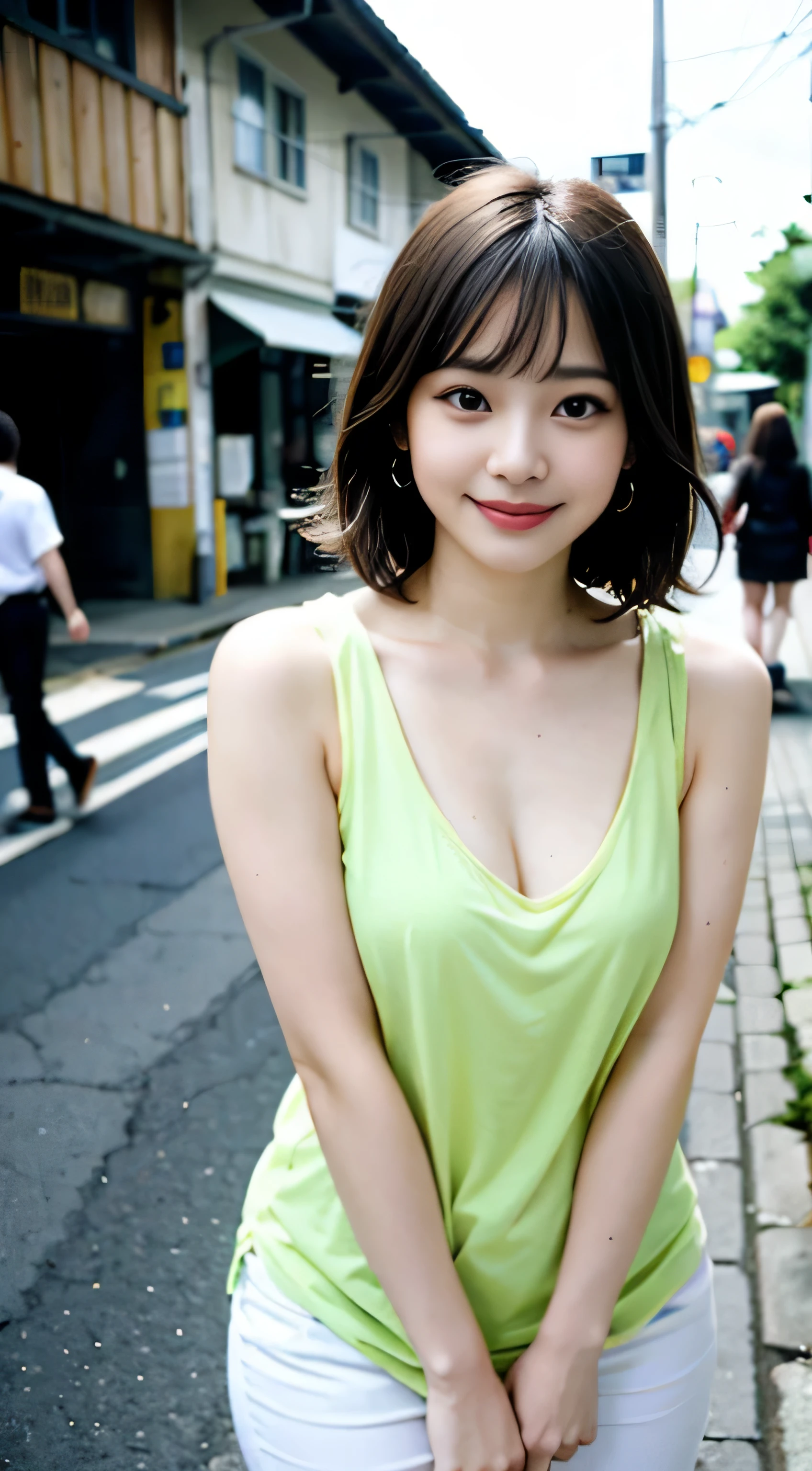 A woman wearing transparent clothes waiting for someone on a street corner、highest quality、Girls 11 Men's、big and full breasts、Tag、shine、blur background、Bokeh、outside the house、(street:0.8)、(human々、a large crowd gathers:1)、nice(very short hair、amount:1.2)、Beautiful sky drawn in detail、earrings、(dynamic pose:1.2)、 (Upper body:0.8)、soft lighting、Wind、shine肌、laughter、Sareme、Yellow sandals、