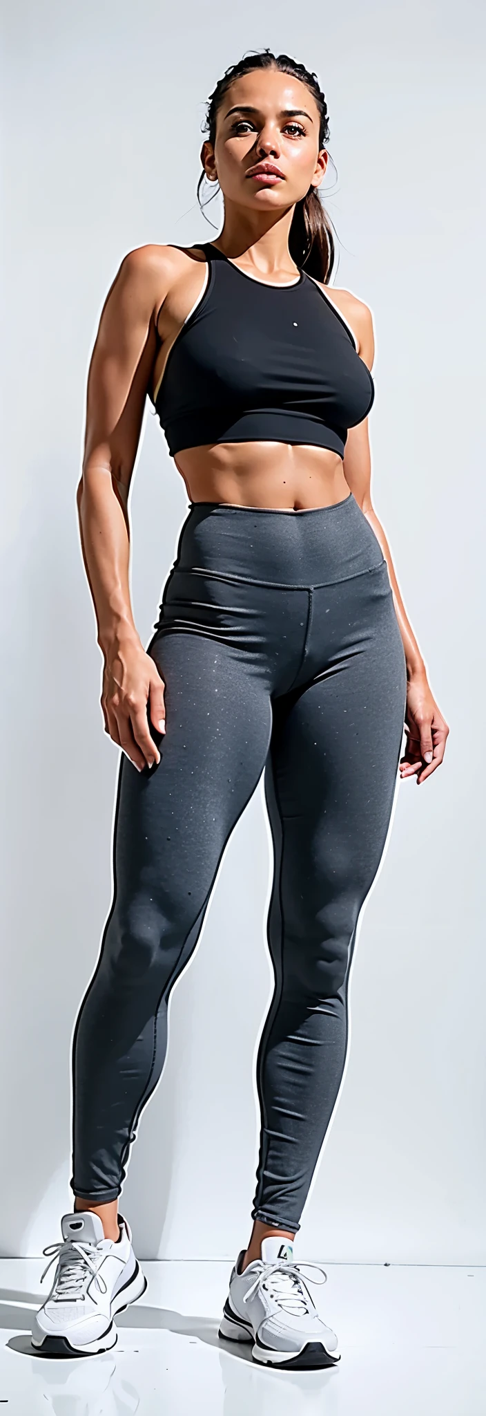 a woman in a black top and gray pants posing for a photo, perneiras, cinza escuro, perneiras, metallic gray, desatado, in metallic gray, two piece workout clothes, parte superior e inferior do corpo, arma de metal cinza, roupas esportivas, pantyhose, pantyhose, smooth body features, cintura fina, solid gray, jet black perneiras, black perneiras, roupas esportivas