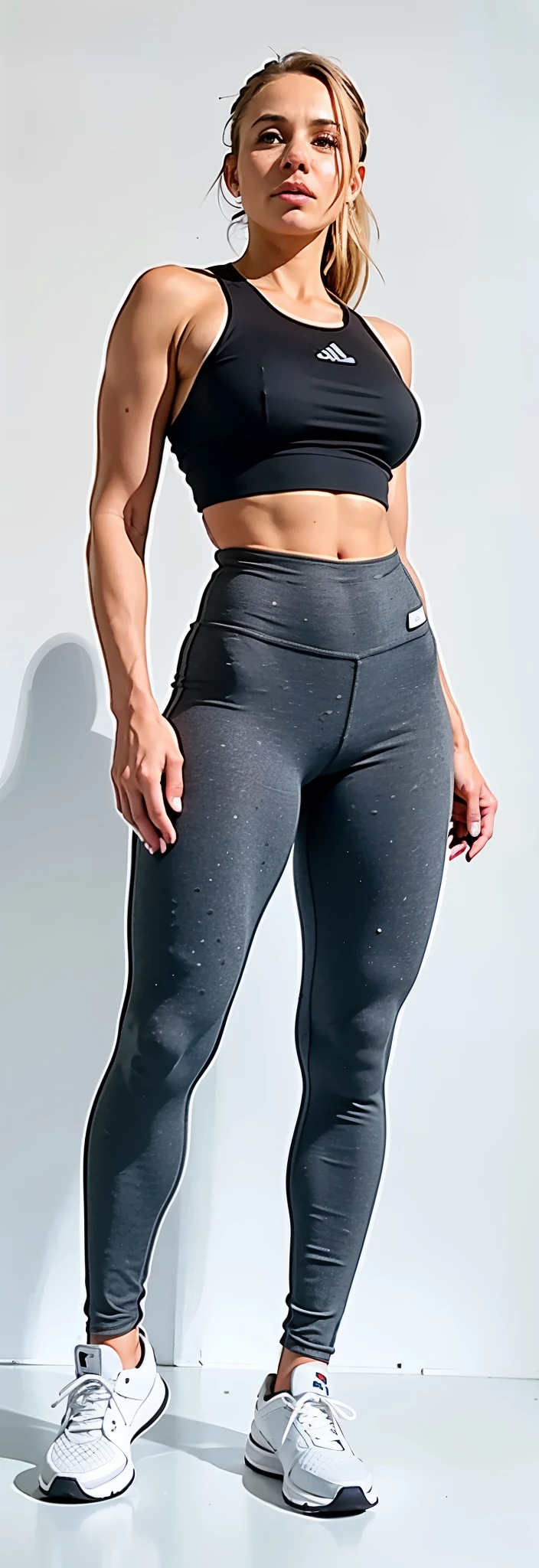 a woman in a black top and gray pants posing for a photo, perneiras, cinza escuro, perneiras, metallic gray, desatado, in metallic gray, two piece workout clothes, parte superior e inferior do corpo, arma de metal cinza, roupas esportivas, pantyhose, pantyhose, smooth body features, cintura fina, solid gray, jet black perneiras, black perneiras, roupas esportivas