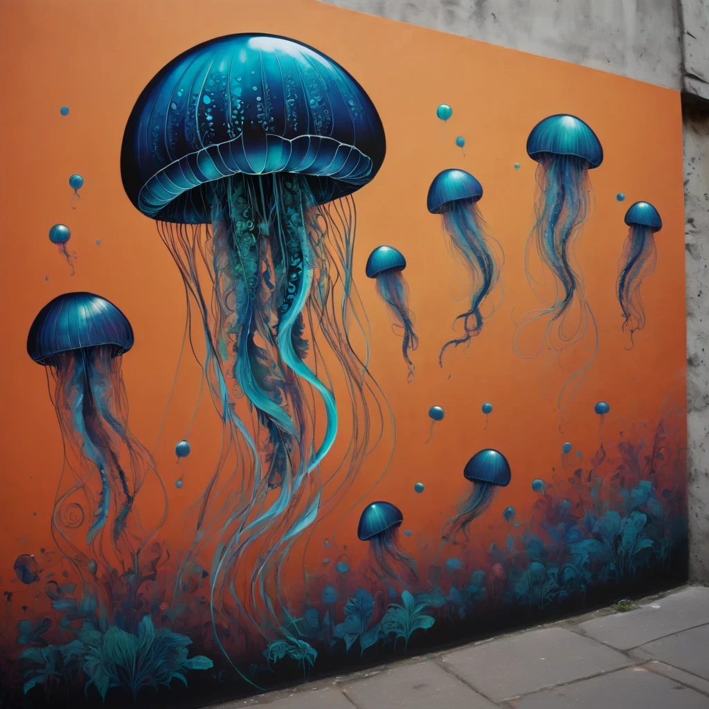 (masterpiece, best quality), magical Jellyfish, zentangle, Graffiti Comics on street wall, signed by word "TUPU",