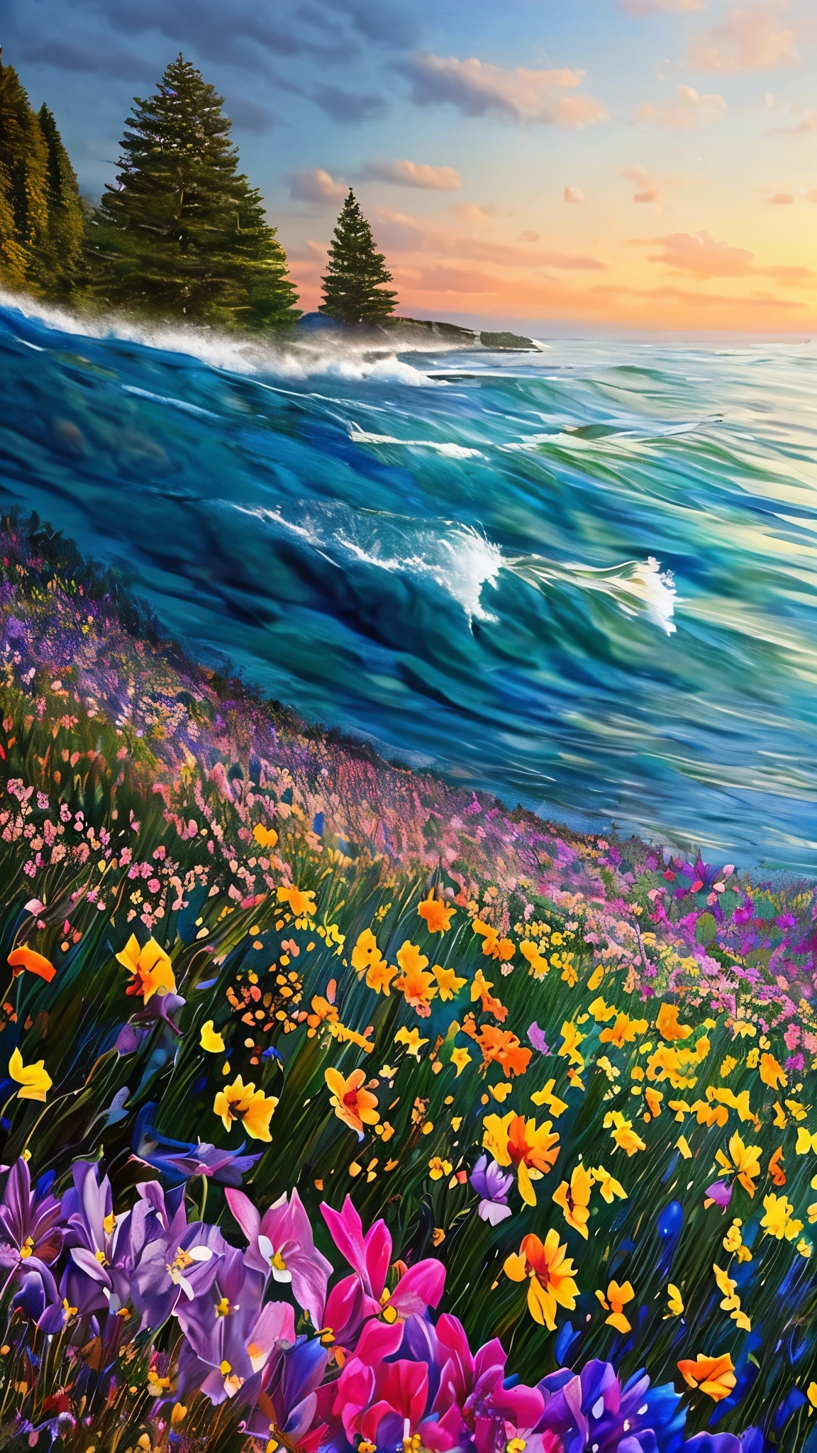 (best quality, 4k, 8k, highres, masterpiece: 1.2) ultra-detailed, (realistic, photorealistic, photo-realistic: 1.37), a swimming in a sea of colorful flowers as far as the eye can see, blue-violet sky and setting sun, vibrant wildflowers, wave of colorful flowers, petals flying in the air above the water, detailed petals and delicate stamens, impeccable textures and complex details, natural lighting casting soft shadows, subtle variations of hue and saturation, serene and soothing, peaceful and harmonious, colorful meadows overflowing with life, botanical happiness, floral symphony, spring abundance, color palette of nature.