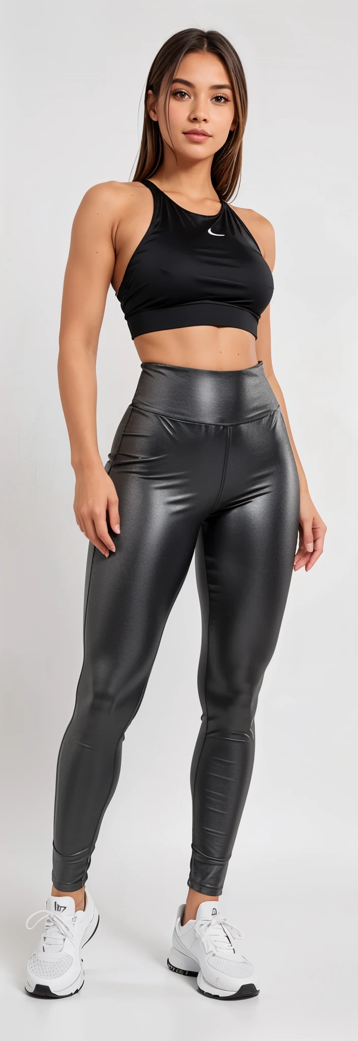 a woman in a black top and gray pants posing for a photo, perneiras, cinza escuro, perneiras, metallic gray, desatado, in metallic gray, two piece workout clothes, parte superior e inferior do corpo, arma de metal cinza, roupas esportivas, pantyhose, pantyhose, smooth body features, cintura fina, solid gray, jet black perneiras, black perneiras, roupas esportivas