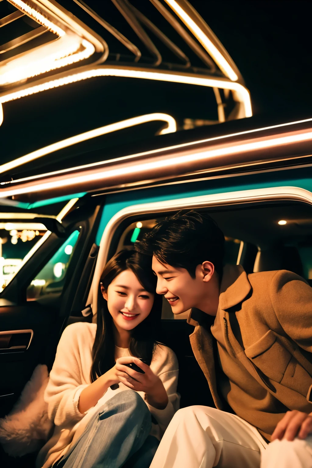 A handsome and beautiful Korean man and woman enjoying a nighttime car date