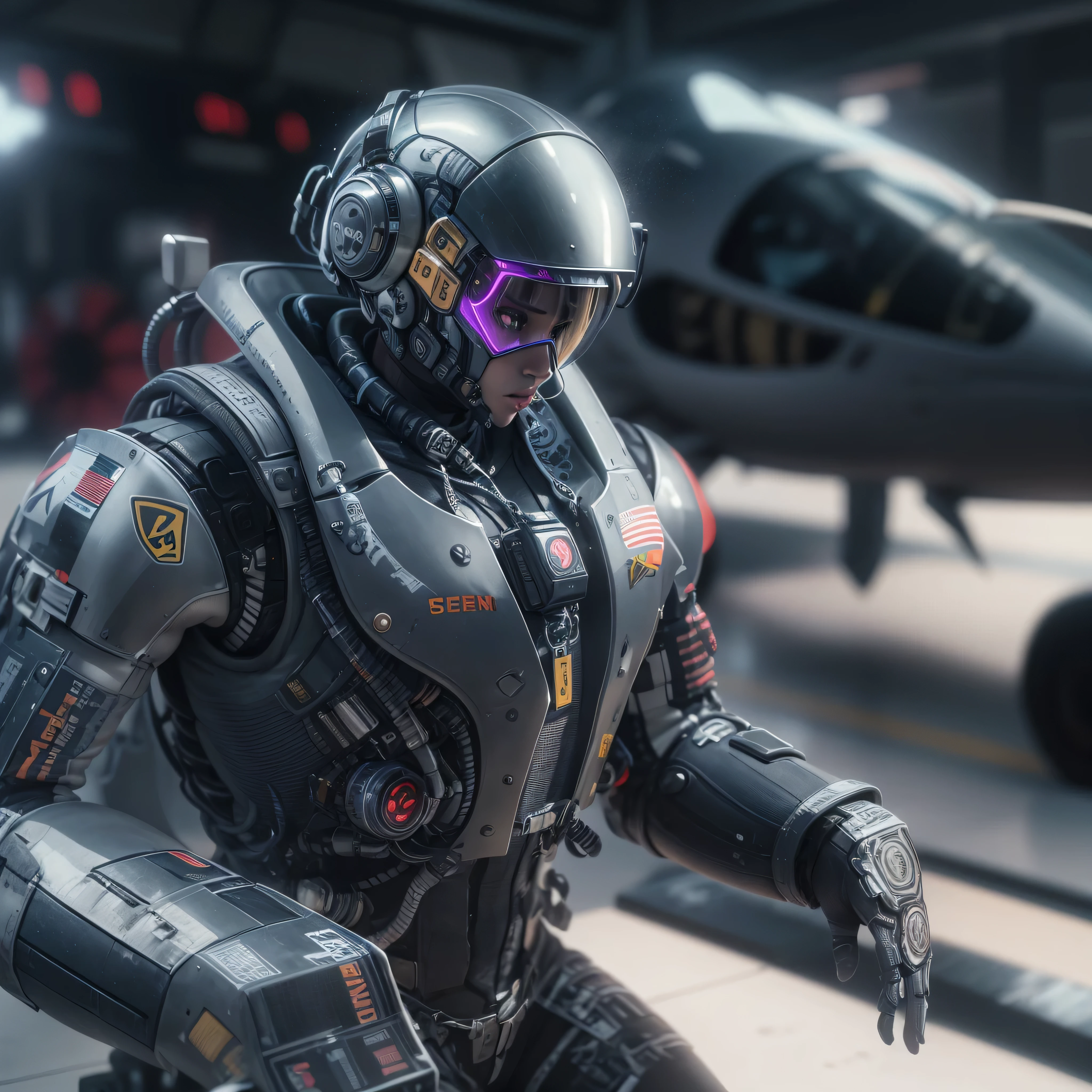 An artificial intelligence Fighter Pilot robot, in a fighter jet, and the robot is the pilot, photo-realistic, octane render, unreal engine, ultra-realistic