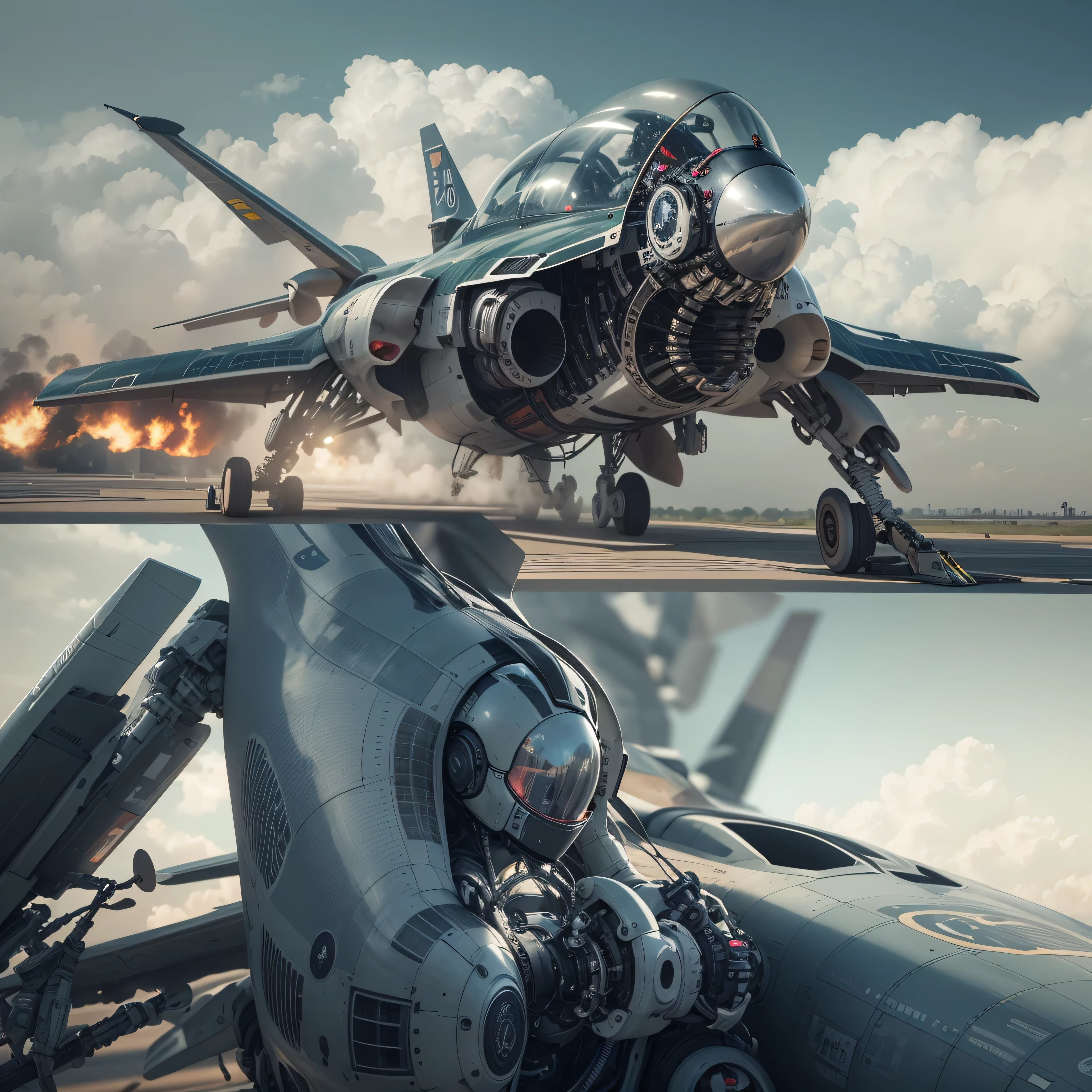 An artificial intelligence Fighter Pilot robot, in a fighter jet, and the robot is the pilot, photo-realistic, octane render, unreal engine, ultra-realistic