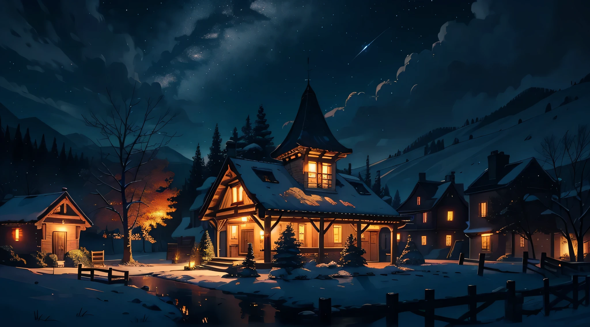 (chef-d&#39;Ouvrages d&#39;art), (best quality), 8K, Very detailed, ultra-detailed, La nuit tombe au village, (fire light illuminating the sky), ((chaleur et espoir)), (Village silencieux), (nuit rougeoyante)