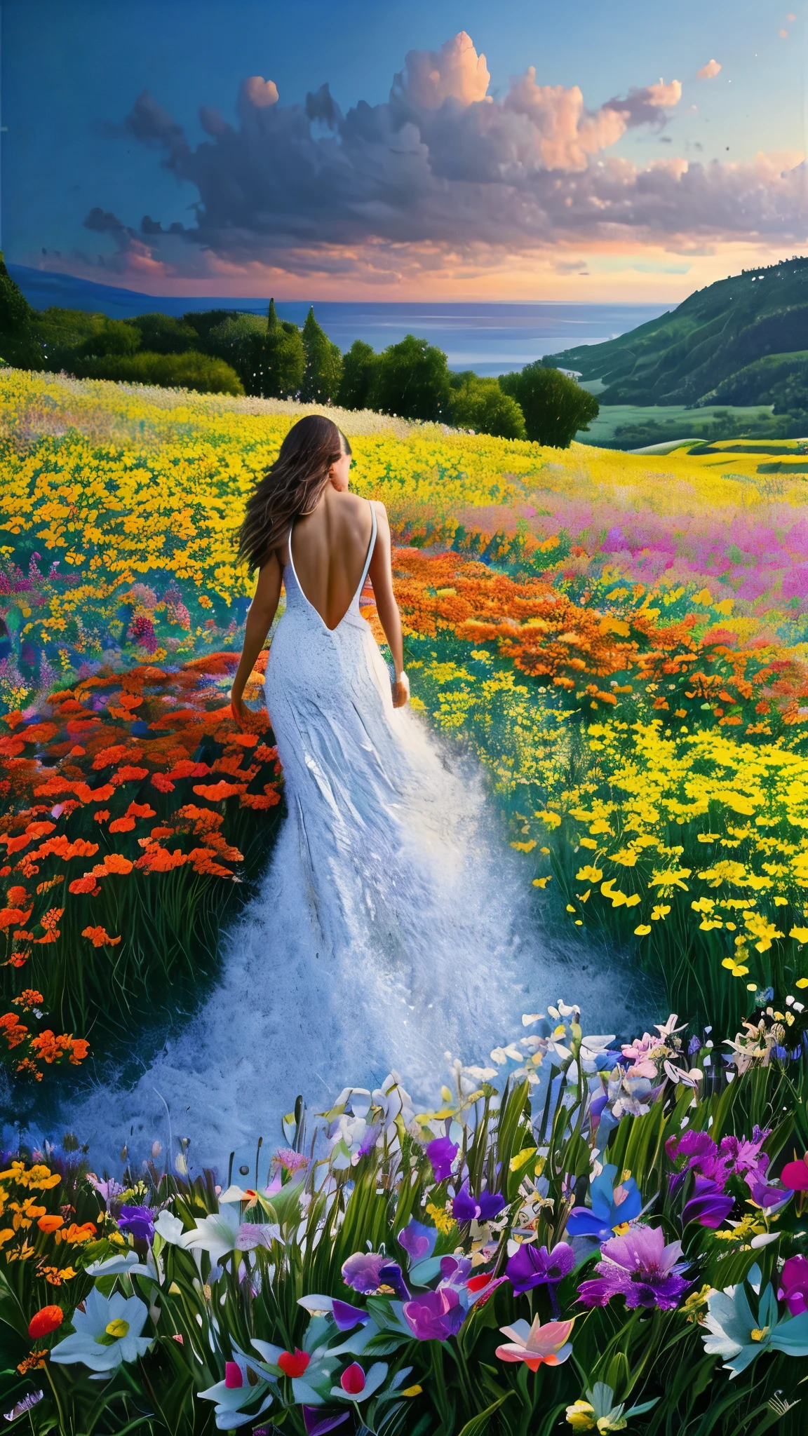 (best quality, 4k, 8k, highres, masterpiece: 1.2) ultra-detailed, (realistic, photorealistic, photo-realistic: 1.37), a swimming in a sea of colorful flowers as far as the eye can see, blue-violet sky and setting sun, vibrant wildflowers, wave of colorful flowers, petals flying in the air above the water, detailed petals and delicate stamens, impeccable textures and complex details, natural lighting casting soft shadows, subtle variations of hue and saturation, serene and soothing, peaceful and harmonious, colorful meadows overflowing with life, botanical happiness, floral symphony, spring abundance, color palette of nature.