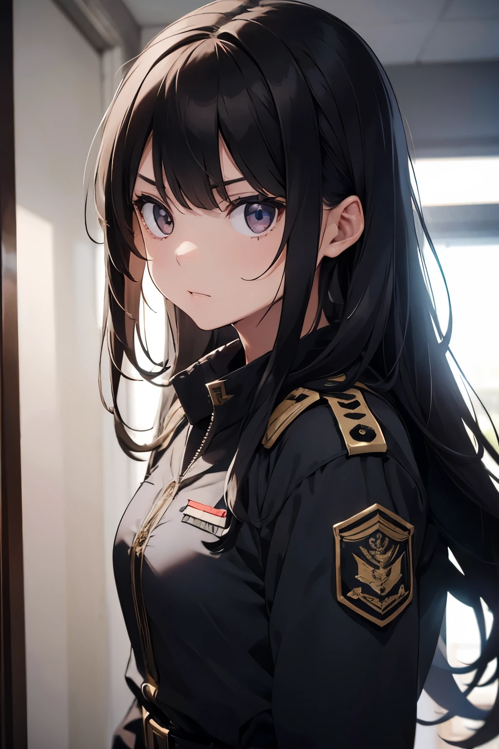 1 girl, lieutenant, general clothes, commander, death stare, emotionless face, eyes, adult, long hair