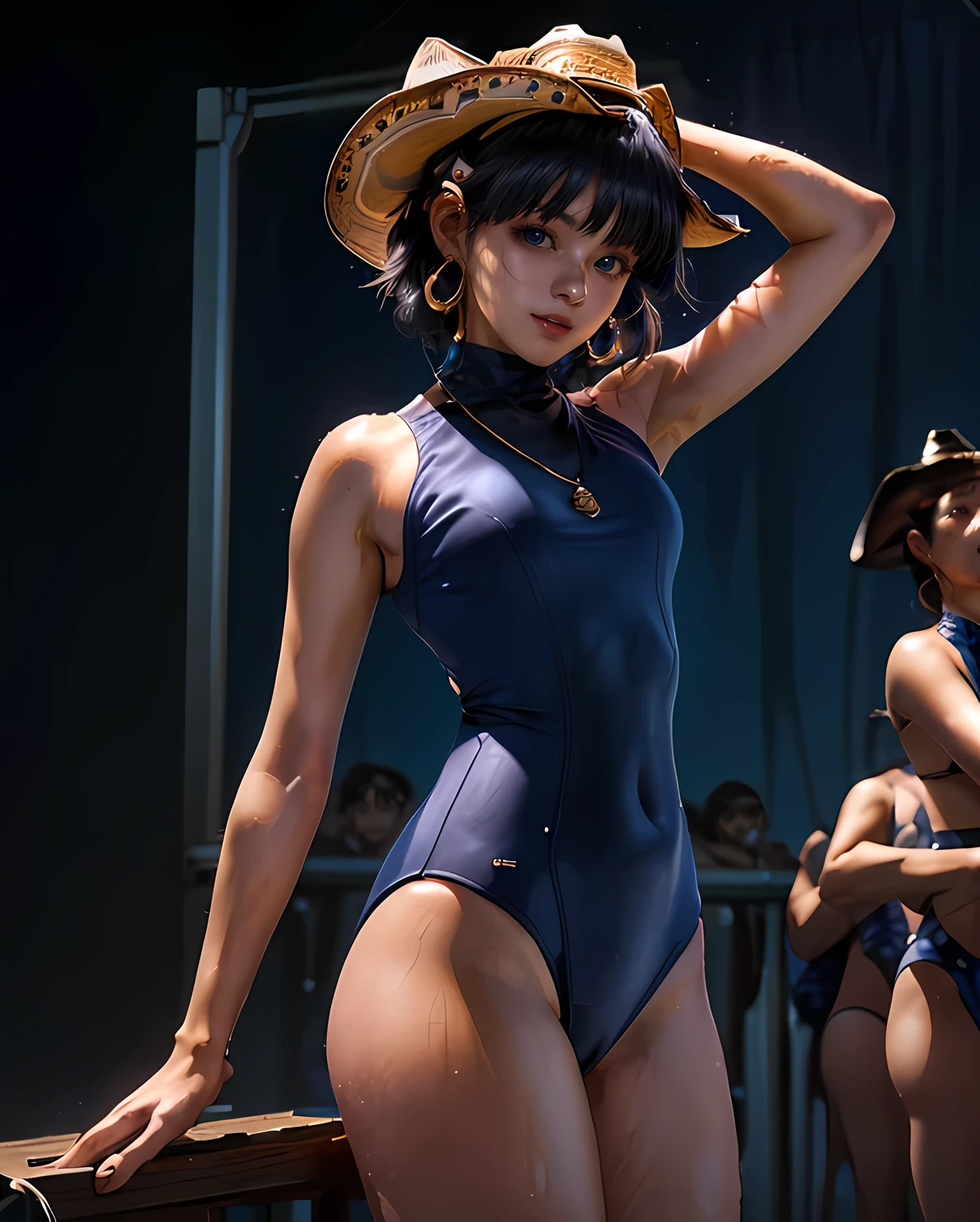 nadiaがCowgirlで性交する, ((realistic, highest quality, High resolution, real women pictures:1.2)), (((A 16-year-old high school girl wearing a navy blue school swimsuit:1.7)), (navy high neck school swimsuit:1.6), (slender body shape:1.9), Cowgirlで性交する, ((anatomically correct:1.2)), (She is wearing a navy blue school swimsuit whose fabric is too thin..:1.1), (膣に陰茎を挿入するCowgirlポーズ:1.9), curved body, 大きく股を開いてCowgirl, High neck competitive swimsuit that is too close to the skin, one piece swimsuit, Detailed depiction of the vagina, beautiful thighs, penis inserted into vagina, nose too small, thin waist, 16 year old beautiful girl has sex with her clothes on, saddle, (Cowgirl:1.9), tears, Girl straddles guy, (normal limb), Too cute small face, small nipples, The whole body is wet with sweat, (put your hands behind your head:1.7), Don'Don't show your nostrils, realistic, lips slightly open, (anatomically correct:1.2), A guy inserts a penis into a girl, nadia, (on the stage:1.4), short hair with bangs, (少女が巨漢の男とCowgirlで性交する:1.9)