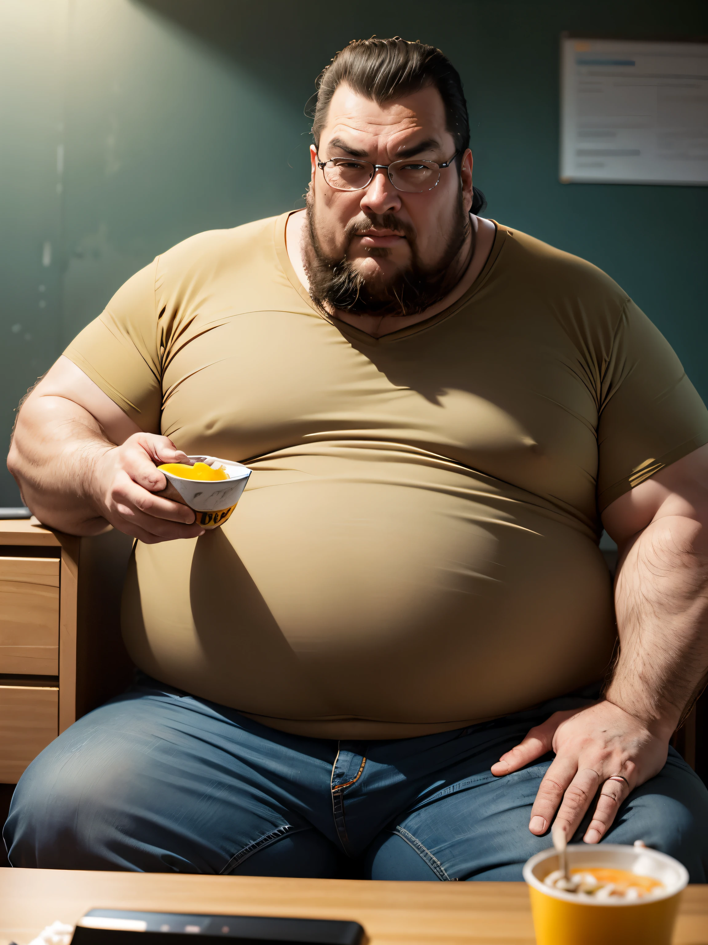 ((HD photo)), Hyper realistic, hires:1.4, 8k, a fat man / Steven seagal / 40 years old, sitting, holding ramen bowl, badly fitting t shirt, overweight messy hair, nerd glasses, leering, greasy, stained jeans, dark bedroom, posters, game console, pc, dakimura, poorly lit, incel, anime nerd, neckbeard, dirty walls,