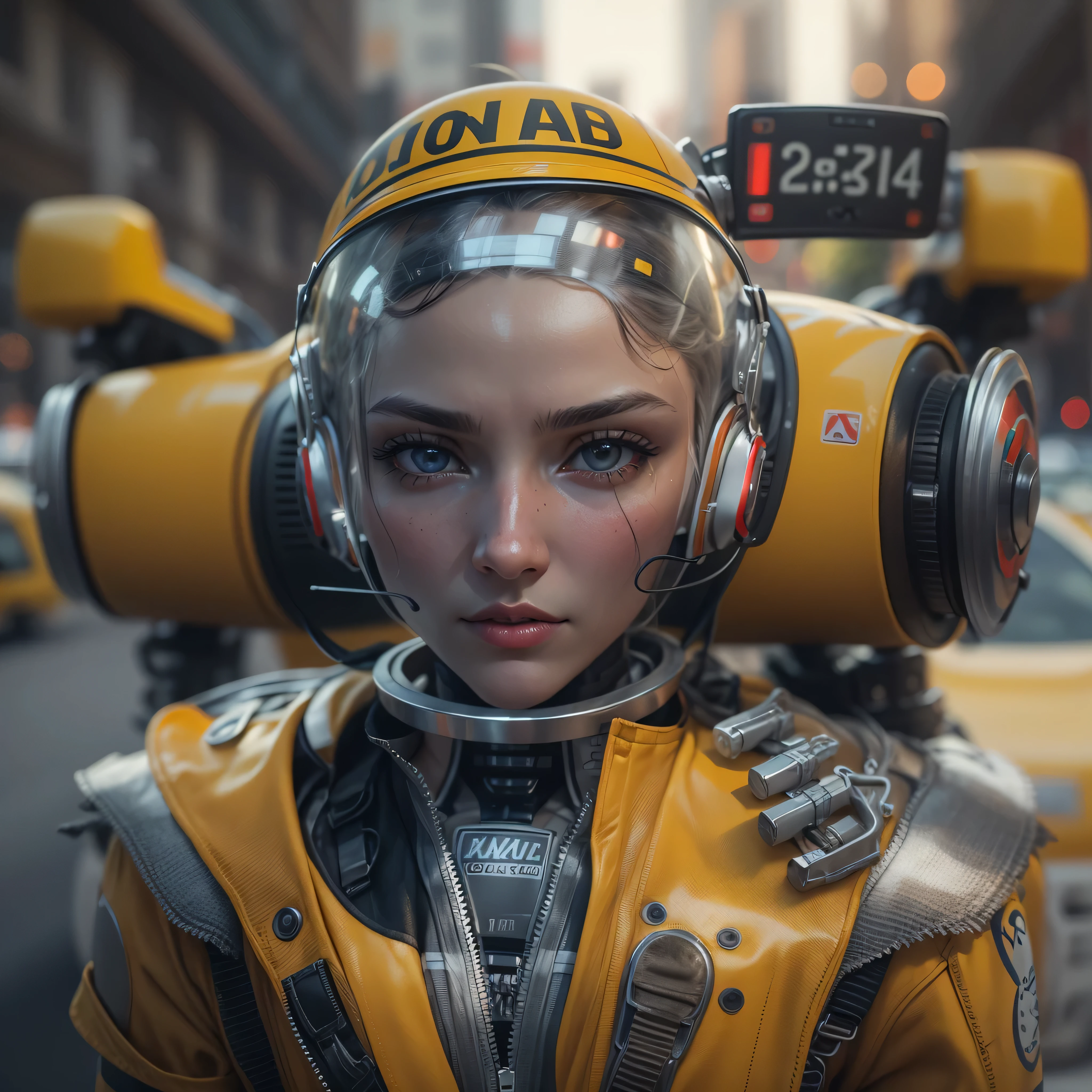 An artificial intelligence Cabdriver robot, in a yellow cab, and the robot is the driver, photo-realistic, octane render, unreal engine, ultra-realistic