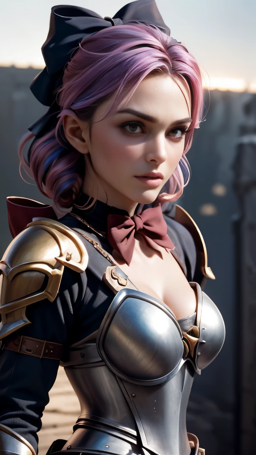photo of celebrity, RAW, beautiful woman, ((portrait)), ((detailed face, colorful rainbow hair:1.2)), ((detailed facial feature, detailed skin, clear skin, parted lips), (perfect proportioned body, medium breasts, side boob), (wearing Victorian-era armor: 1.5)), (high detailed park with cherry blossoms: 1.3), (side profile, realistic photo, best quality, detailed), (8k wallpaper), (cinematic lighting, dramatic lighting) (sharp focus, intricate)