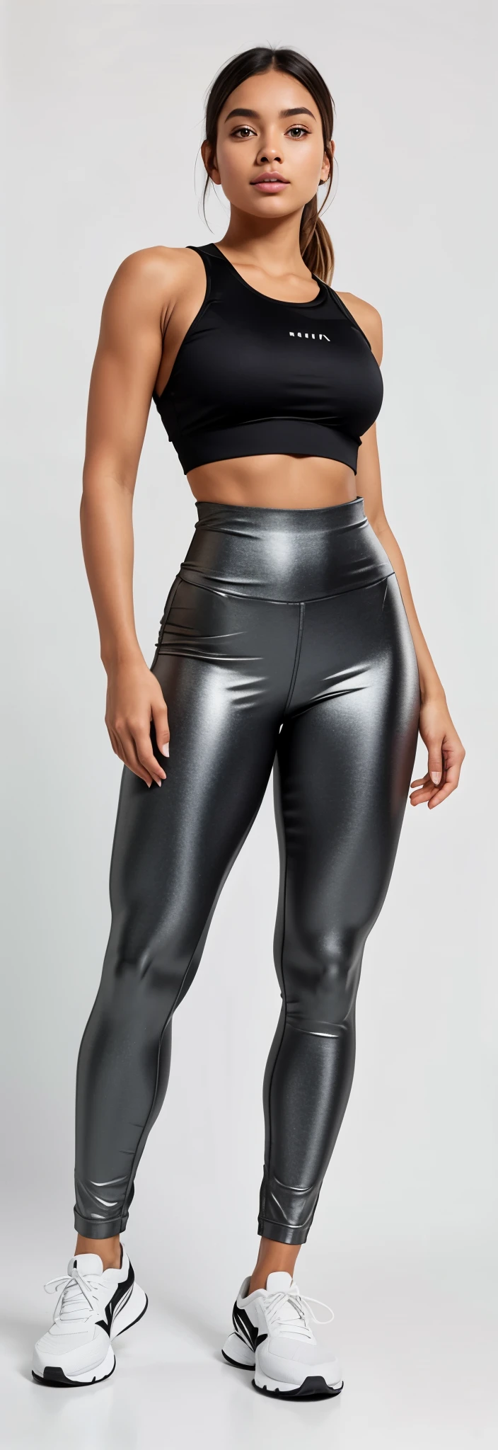 a woman in a black top and gray pants posing for a photo, perneiras, cinza escuro, perneiras, metallic gray, desatado, in metallic gray, two piece workout clothes, parte superior e inferior do corpo, arma de metal cinza, roupas esportivas, pantyhose, pantyhose, smooth body features, cintura fina, solid gray, jet black perneiras, black perneiras, roupas esportivas