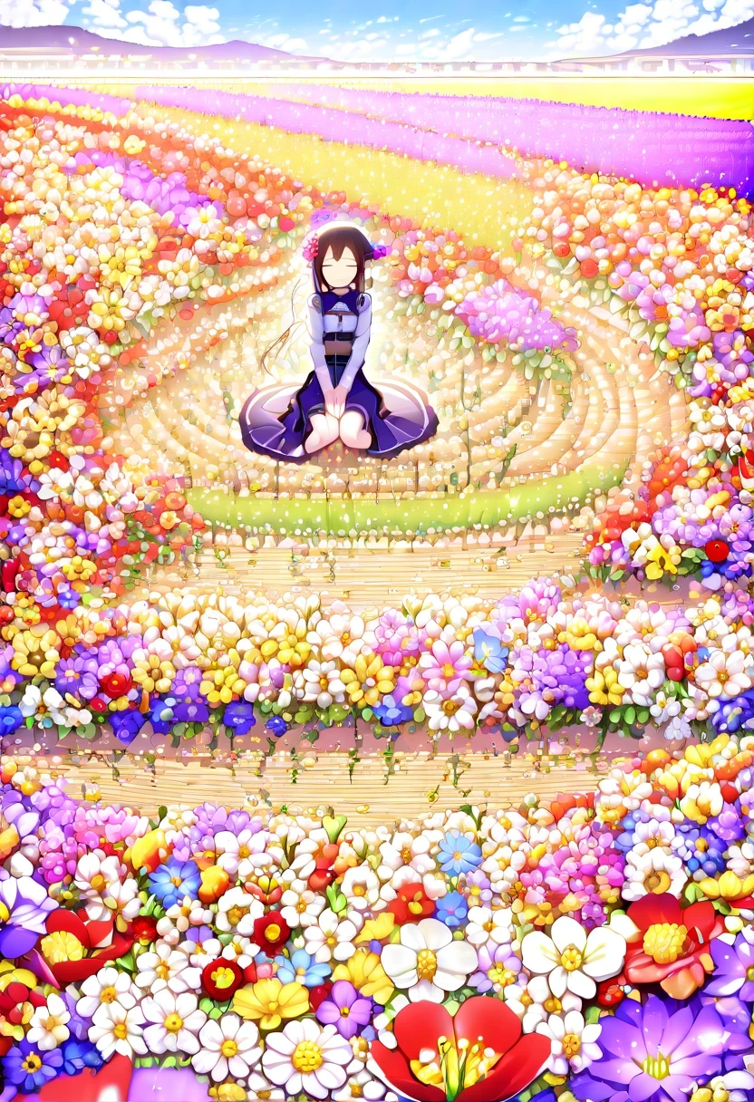 Ridiculous, high resolution, 超详细的girl, (girl:1.3), rest，(Design flower field scene, With blooming flowers, bright colors, and the feeling of growth and renewal.:1.6)，,Lavender，tulip，Rose