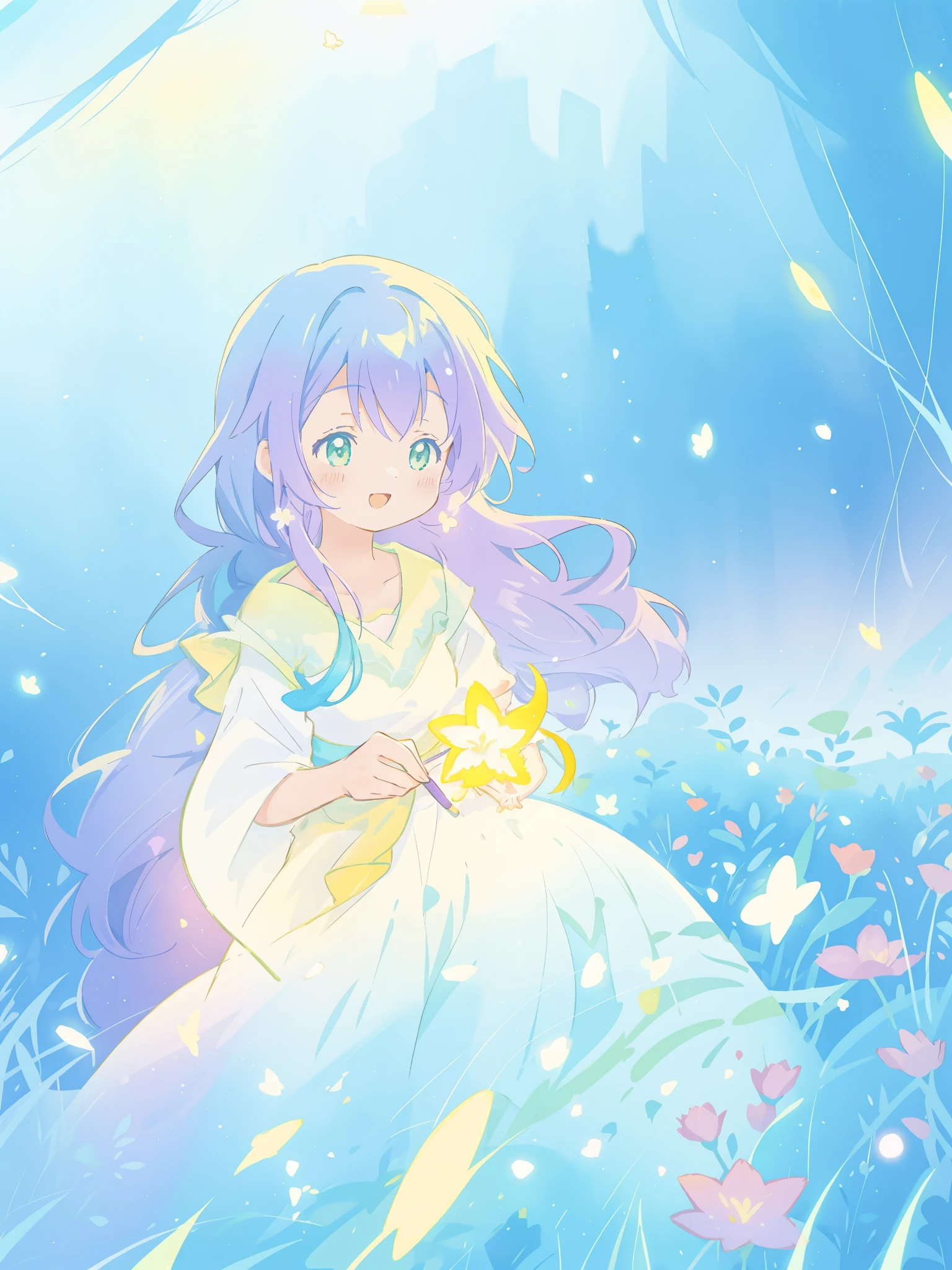 beautiful girl in yellow mint gradient flowing dress, long flowing blue purple hair, colorful fantasia background, vibrant bright colors, watercolor illustration, disney art style, glowing aura around her, glowing lights, beautiful digital illustration, fantasia otherworldly landscape plants flowers, beautiful, masterpiece, best quality, anime disney style