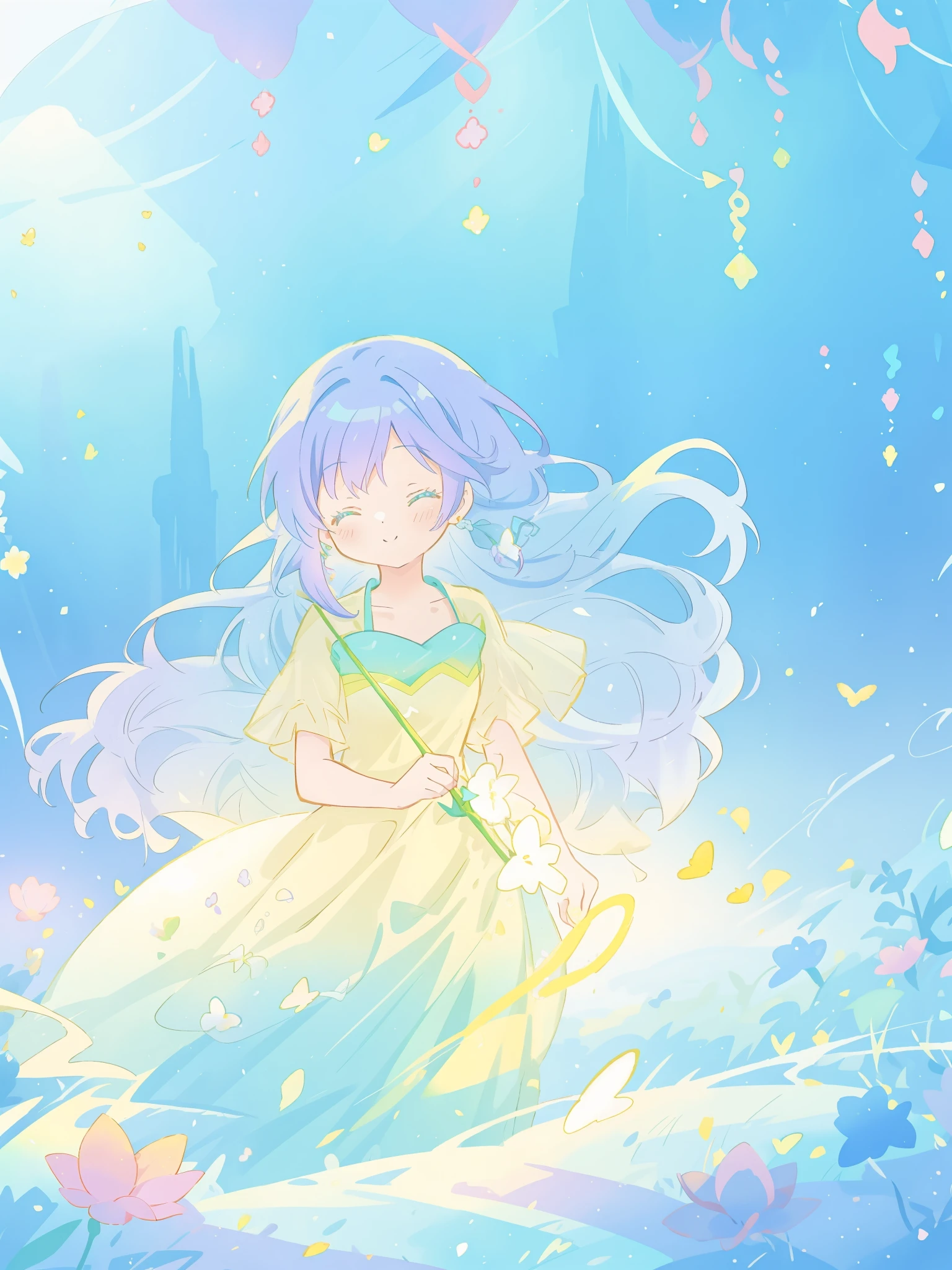 beautiful girl in yellow mint gradient flowing dress, long flowing blue purple hair, colorful fantasia background, vibrant bright colors, watercolor illustration, disney art style, glowing aura around her, glowing lights, beautiful digital illustration, fantasia otherworldly landscape plants flowers, beautiful, masterpiece, best quality, anime disney style