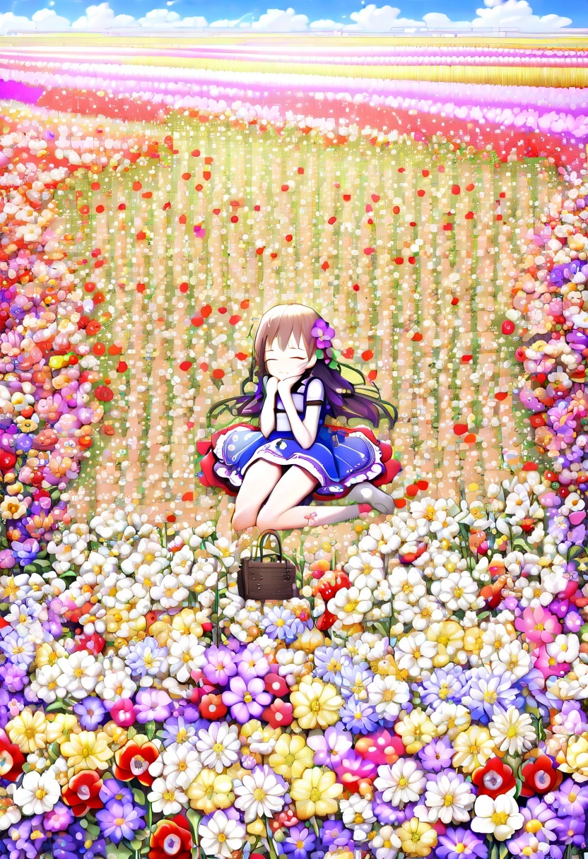 Ridiculous, high resolution, 超详细的girl, (girl:1.3), rest，(Design flower field scene, With blooming flowers, bright colors, and the feeling of growth and renewal.:1.6)，,Lavender，tulip，Rose