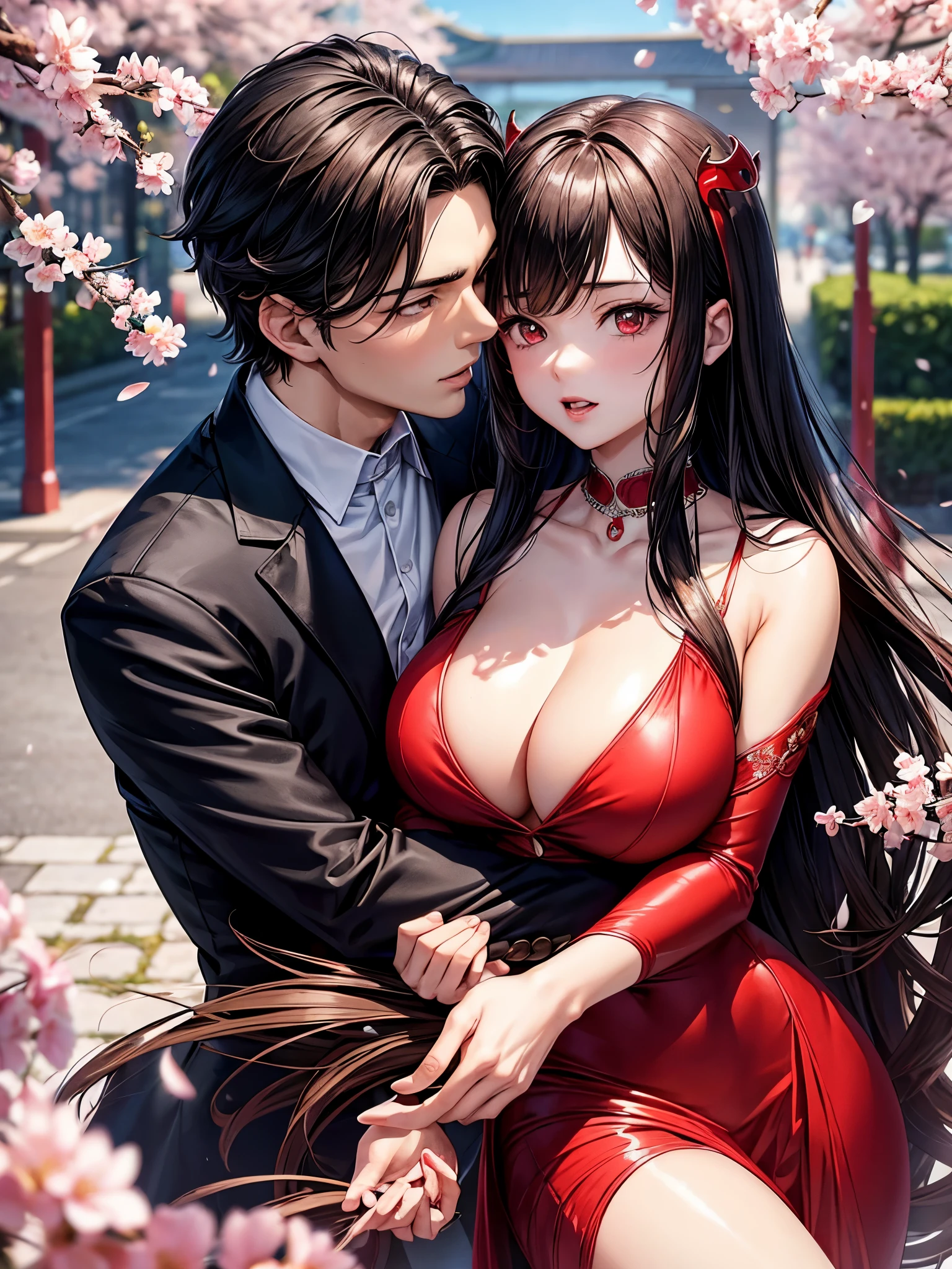 1man and 1woman, couple, beautiful vampire goddess, handsome man, brunette very long hair, man with brunette short hair, red eyes, wearing a sexy red and black dress, man in sexy suit, ultrasharp, looking at the viewer, ((best quality)), ((masterpiece)), (detailed), perfect face, big breast, sexy body, sexy man besides her, hugged, An anime scene of a boy and girl hugging and kissing intensely, with hearts and sparkles floating around them as they stand under the cherry blossoms in a dreamy park