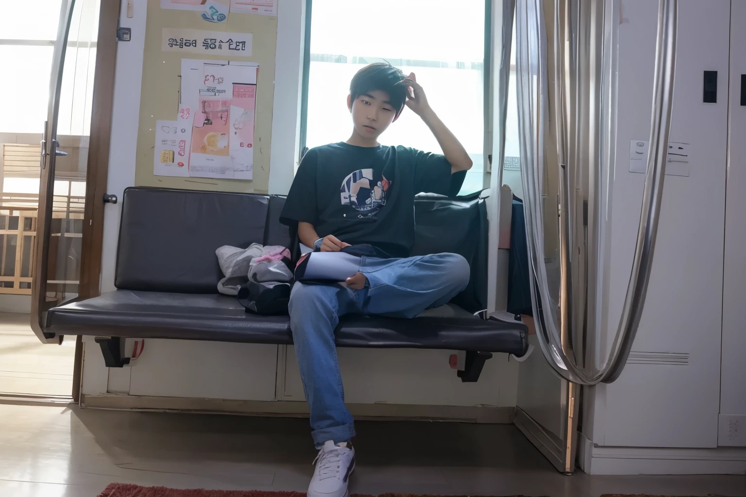 A cute Korean boy age 14 years old, soft cinematic blooming wallpaper , wearing tshirt and looking the phone head down.