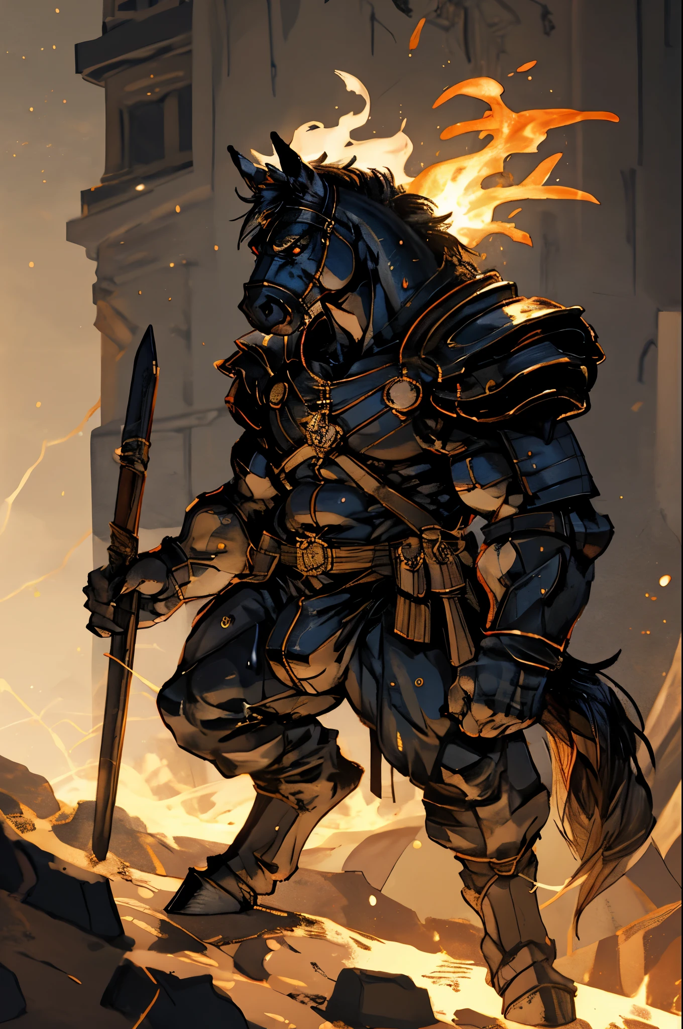 top quality, high-quality illustrations, the beautiful depiction of light seen in Vermeer's works, the intricate portrayal of muscles found in Michelangelo's works, Landscapes inspired by biblical themes depicted by Leonardo da Vinci, masterpiece, dark fantasy, castle, gatekeeper, absurdres, Perfect Anatomy((kemono, beastman, solo focus, bulge in the crotch))(Anthro:1.7)((horse facial features, horse body features))(detailed muscles))full body(Fighting Pose) Armor, Spear, Medieval Warrior, (dense sweat:1.4), casting lightning, electricity, swirling fire, radiating power, sparks, smoke, magic, ((dramatic)), epic, battlefield, depth of field, bokeh, 4k, gothic, ember, particles,