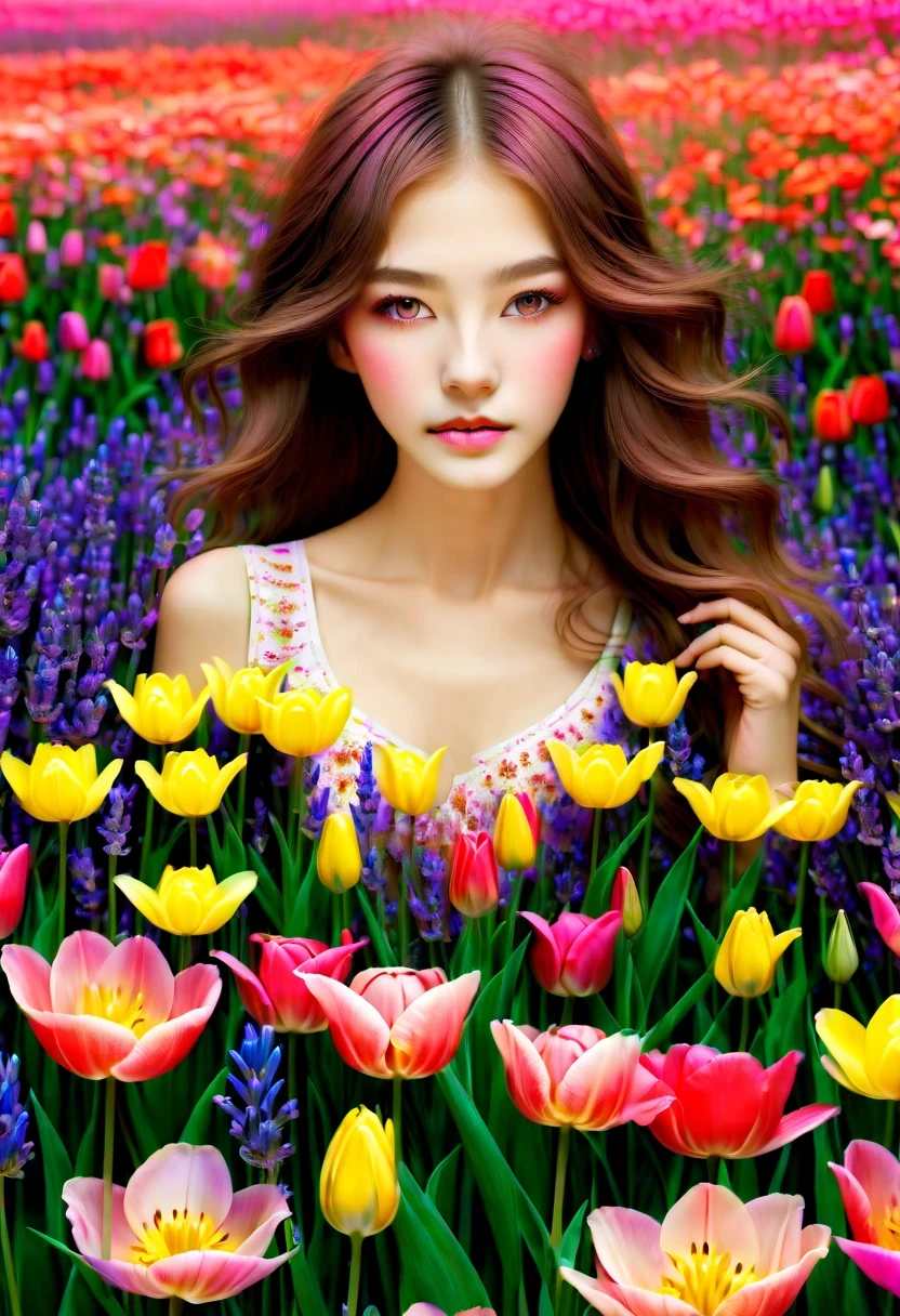 Ridiculous, high resolution, super detailed, (girl:1.3), 
rest
(, Design flower field scene, With blooming flowers, bright colors, and the feeling of growth and renewal.:1.4)，,Lavender，tulip，Rose