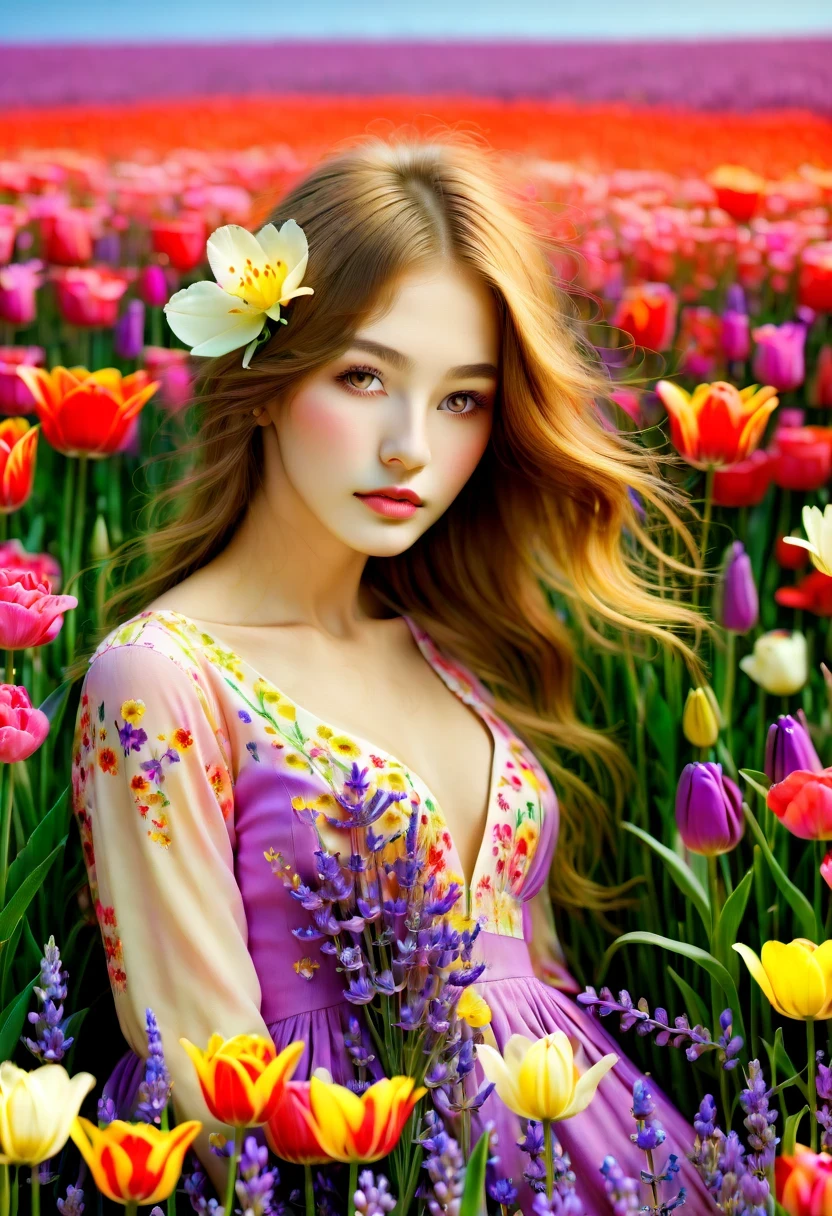 Ridiculous, high resolution, super detailed, (girl:1.3),
rest
(, Design flower field scene, With blooming flowers, bright colors, and the feeling of growth and renewal.:1.4),,Lavender,tulip,Rose