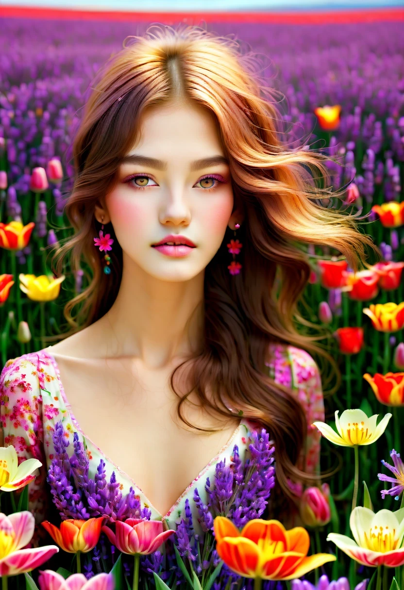 Ridiculous, high resolution, super detailed, (girl:1.3), 
rest
(, Design flower field scene, With blooming flowers, bright colors, and the feeling of growth and renewal.:1.4)，,Lavender，tulip，Rose