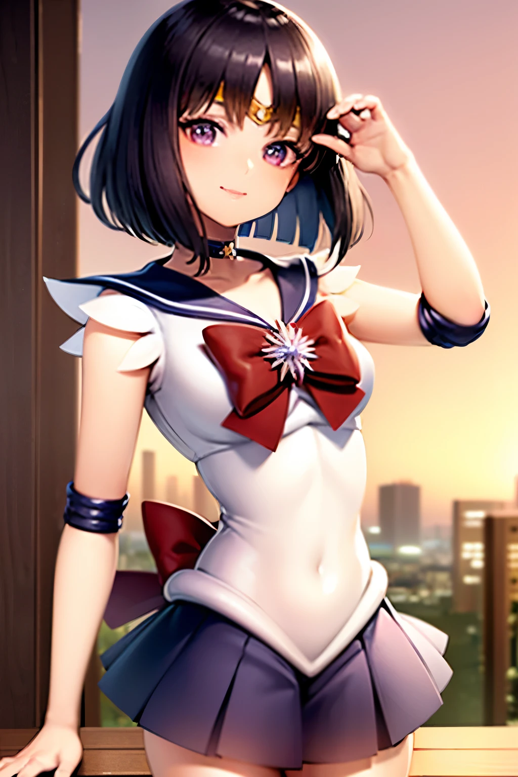 (masterpiece, highest quality:1.2), alone, 1 girl, sailor saturn, Magical girl, smile, closed mouth, looking at the viewer, put your hand on your waist, tiara, sailor warrior uniform, pleated skirt, elbow bag, jewelry, brooch, choker