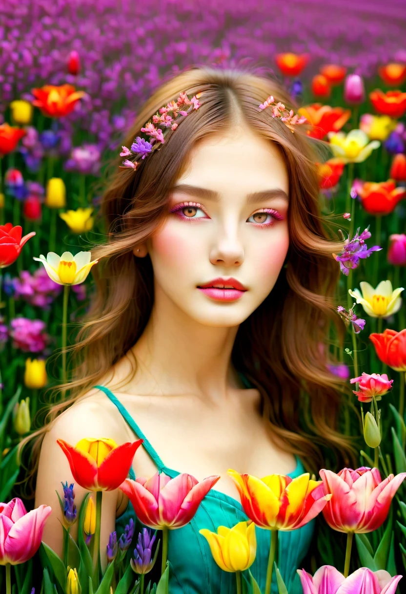 Ridiculous, high resolution, super detailed, (girl:1.3),
rest
(, Design flower field scene, With blooming flowers, bright colors, and the feeling of growth and renewal.:1.4),,Lavender,tulip,Rose